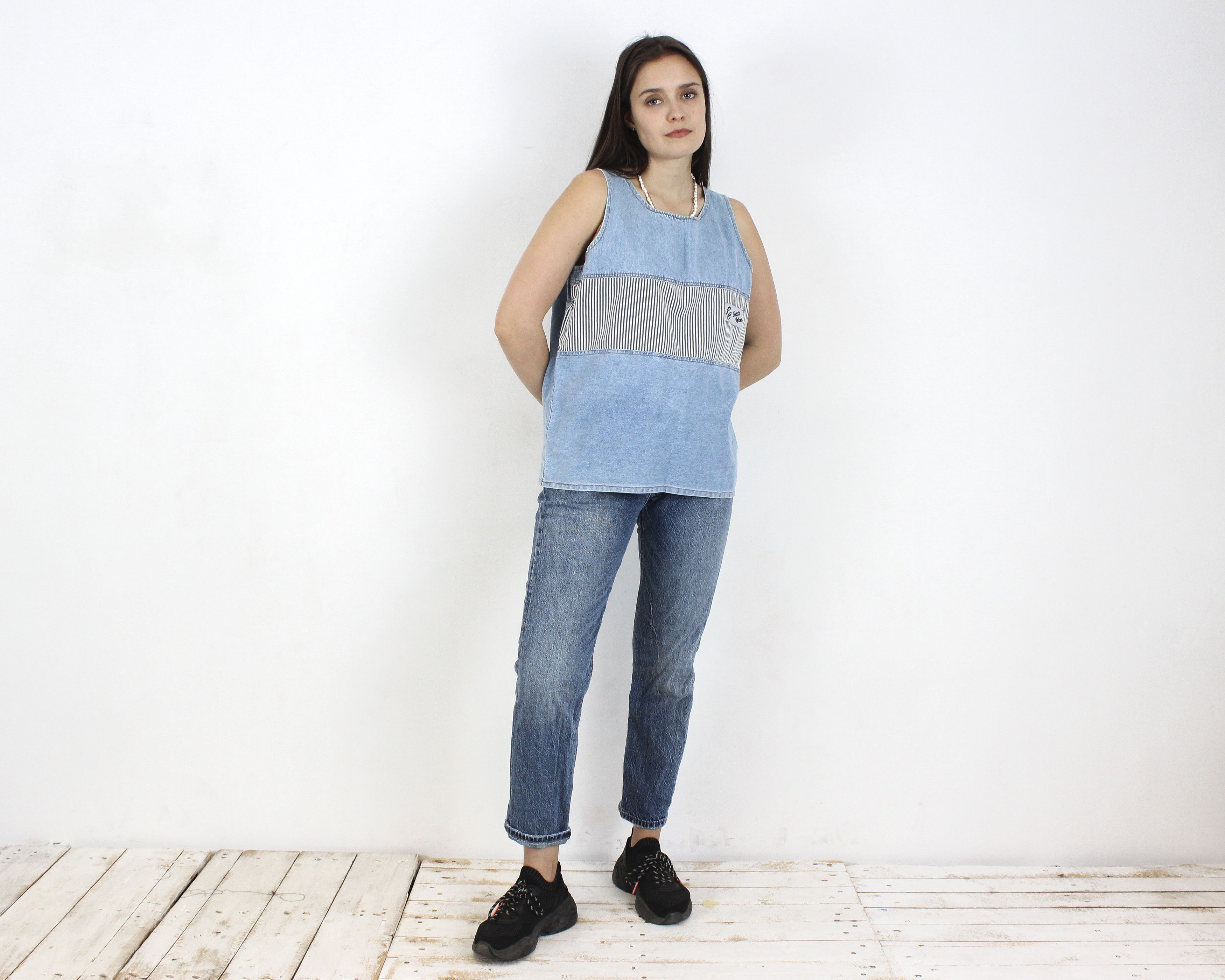 Vintage L Denim Top Blouse, made in Greece Shirt Tank Vest Pullover Size L / US 10 / IT 46 - 2 Thumbnail