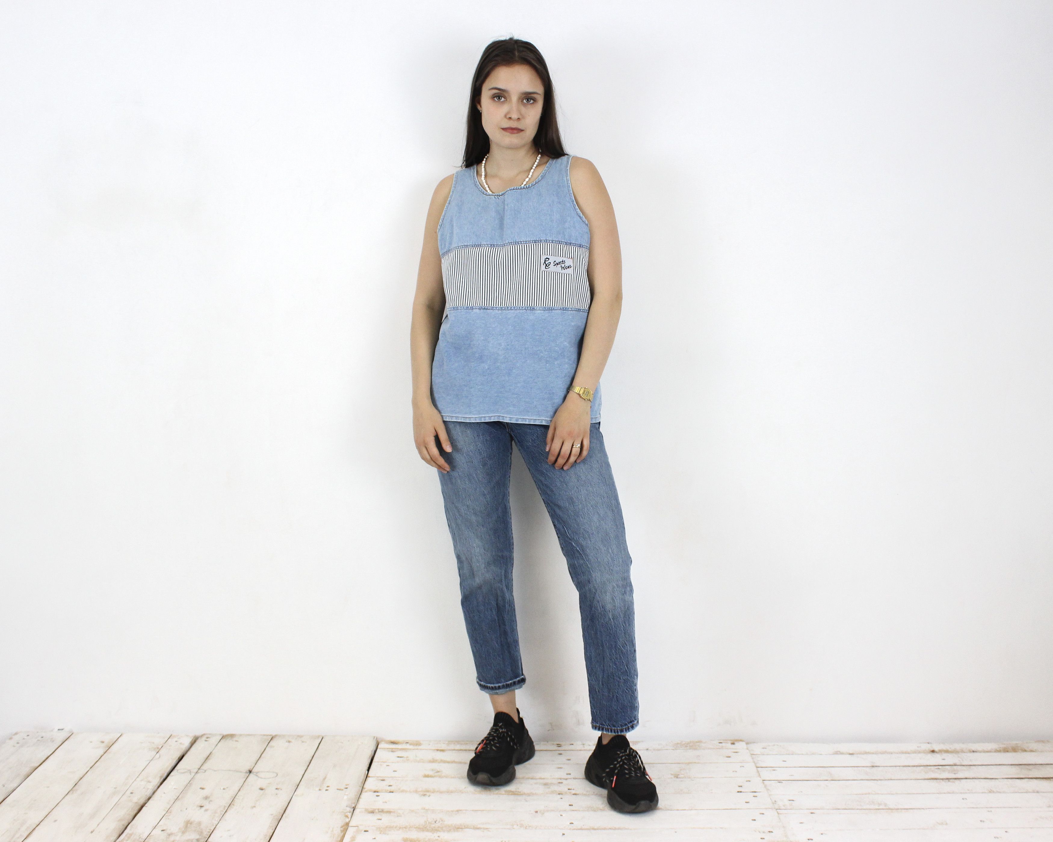 Vintage L Denim Top Blouse, made in Greece Shirt Tank Vest Pullover Size L / US 10 / IT 46 - 1 Thumbnail