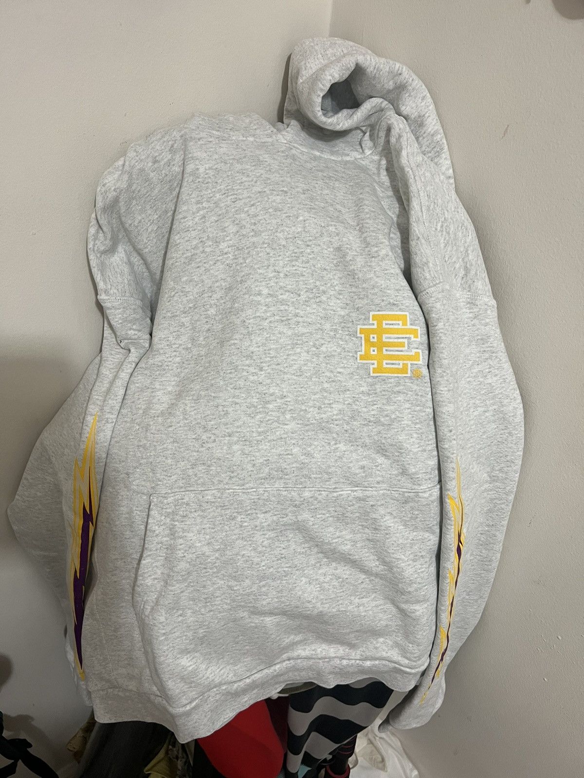 image of Eric Emanuel Grey With Purple & Yellow Bolt Hoodie, Men's (Size XL)