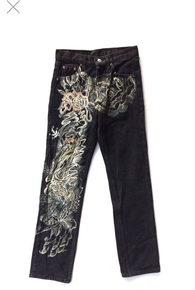 Levi's Vintage Clothing Levis Super Black Embroidery Flower Denim Pant Size US 28 / EU 44 - 1 Thumbnail
