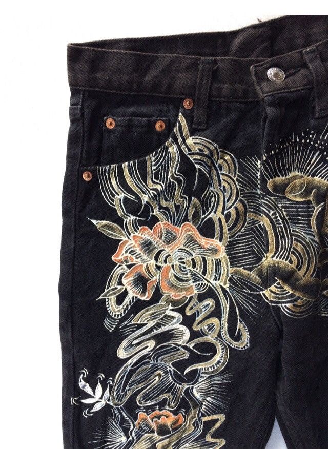 Levi's Vintage Clothing Levis Super Black Embroidery Flower Denim Pant Size US 28 / EU 44 - 4 Thumbnail