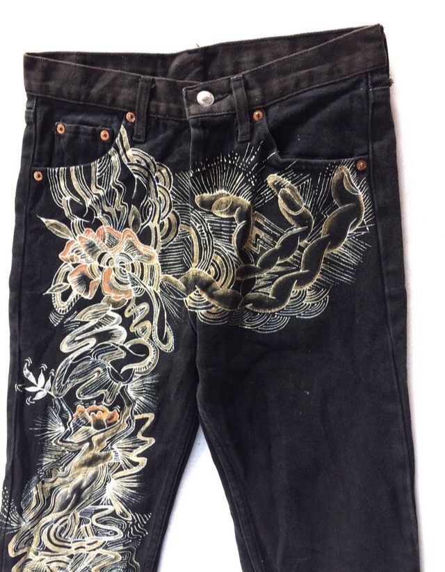 Levi's Vintage Clothing Levis Super Black Embroidery Flower Denim Pant Size US 28 / EU 44 - 2 Thumbnail