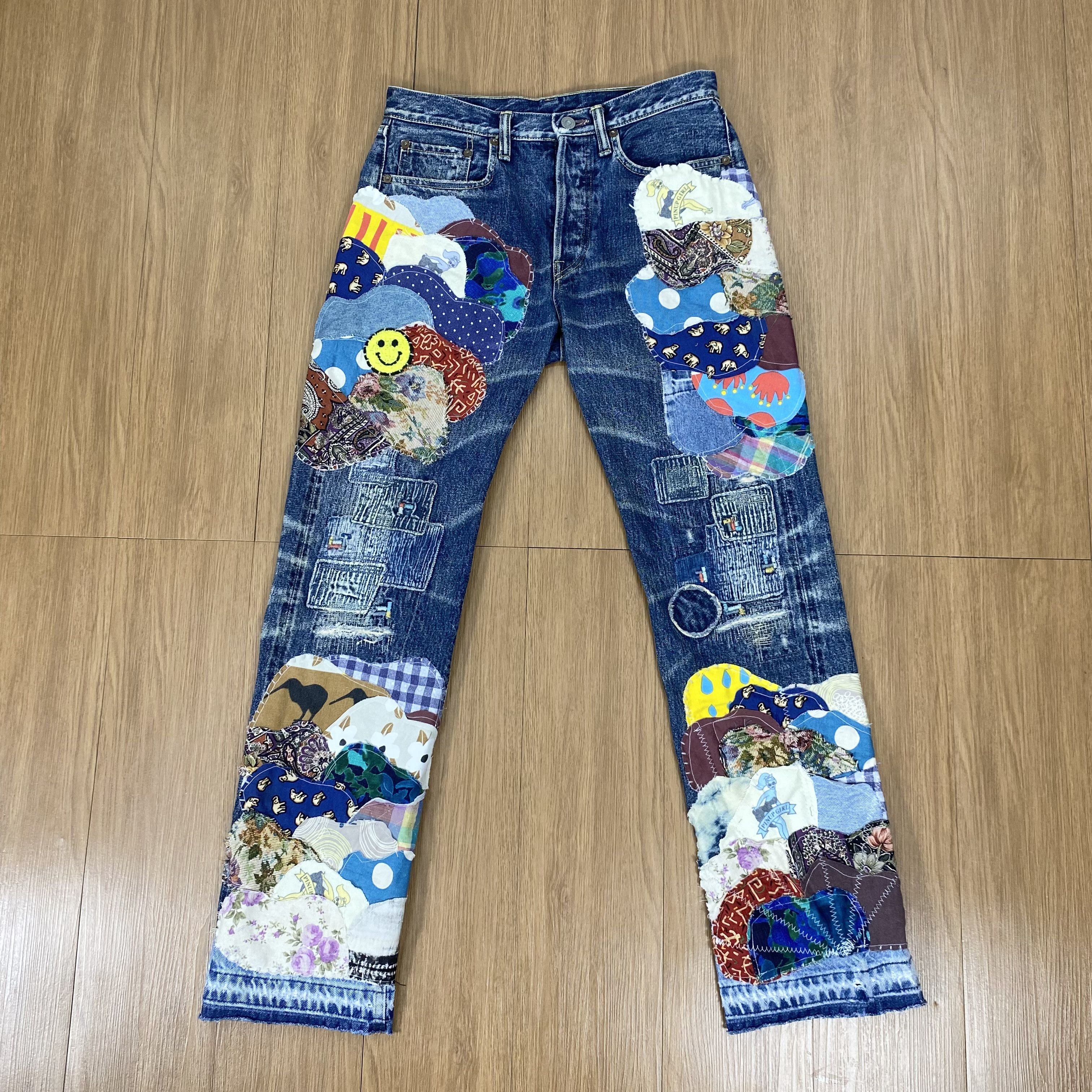 Kapital Selvedge Redline Boro Jeans Patchwork Smiley