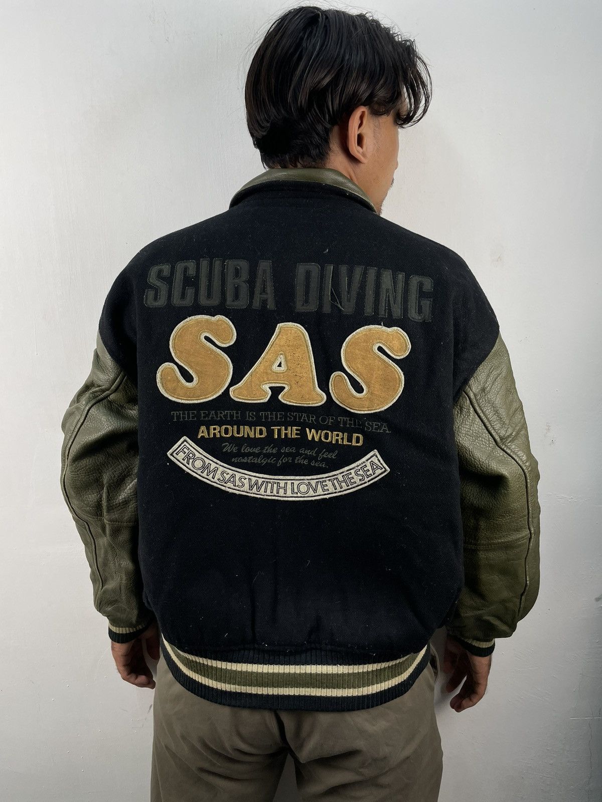 image of Vintage Sas Scuba Diving Leather Varsity Jacket Big Logo in Black, Men's (Size Medium)