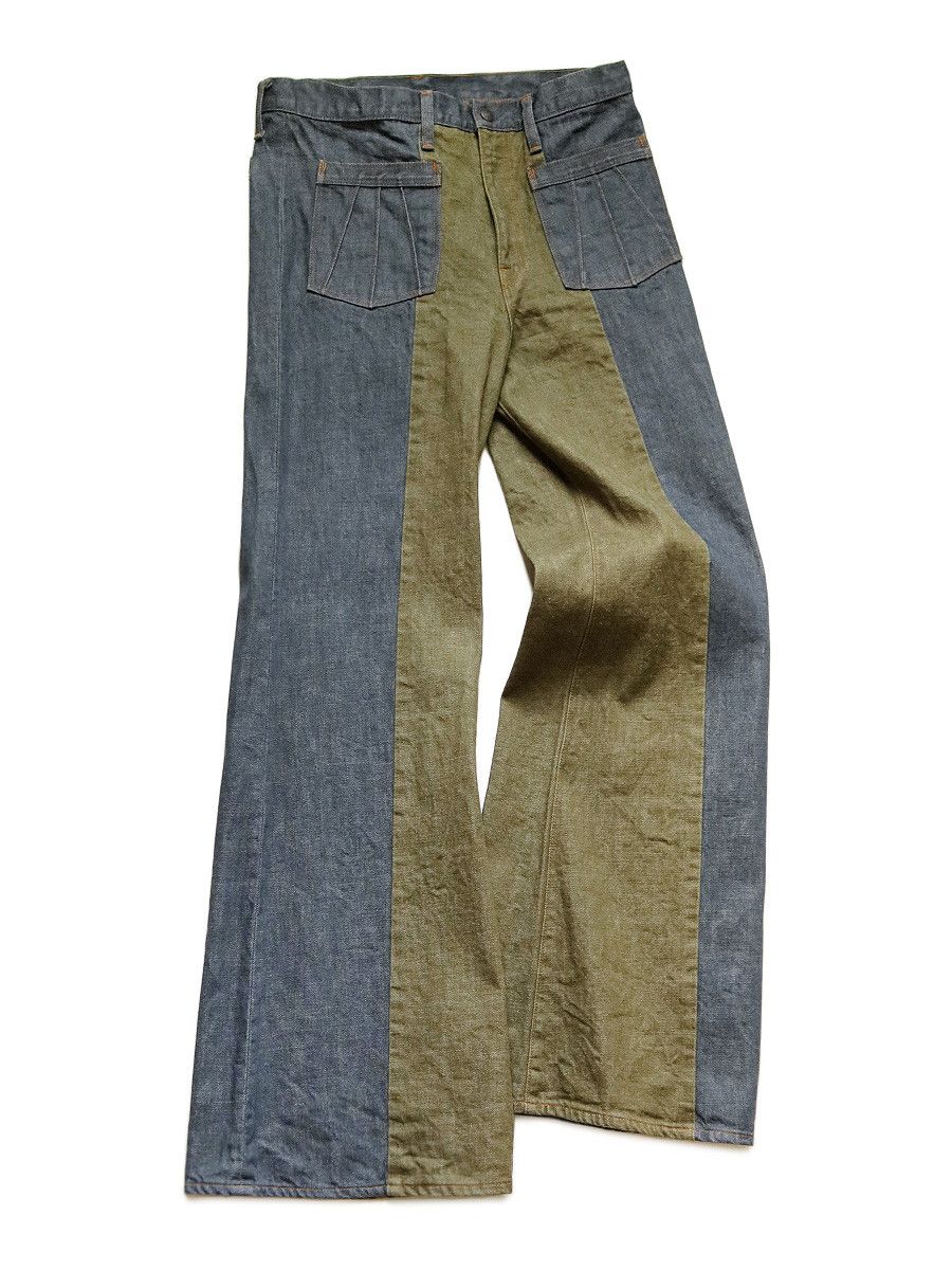 image of Kapital 14Oz Color Denim 2Tone Gypsy Flare Pants in Blue Khaki, Men's (Size 36)