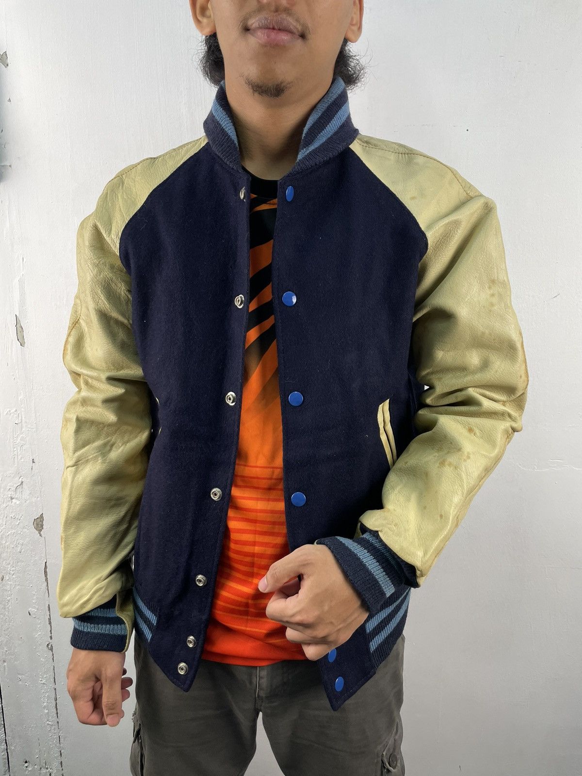 ジャケット・アウター 90s GOLDEN BEAR virsity jacket L navy Vintage 90s Golden Bear Varsity Jacket Leather Dark Navy