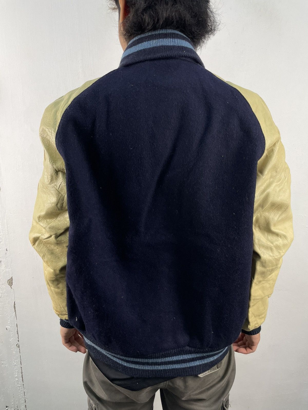 Vintage 90s Golden Bear Varsity Jacket Leather Dark Navy