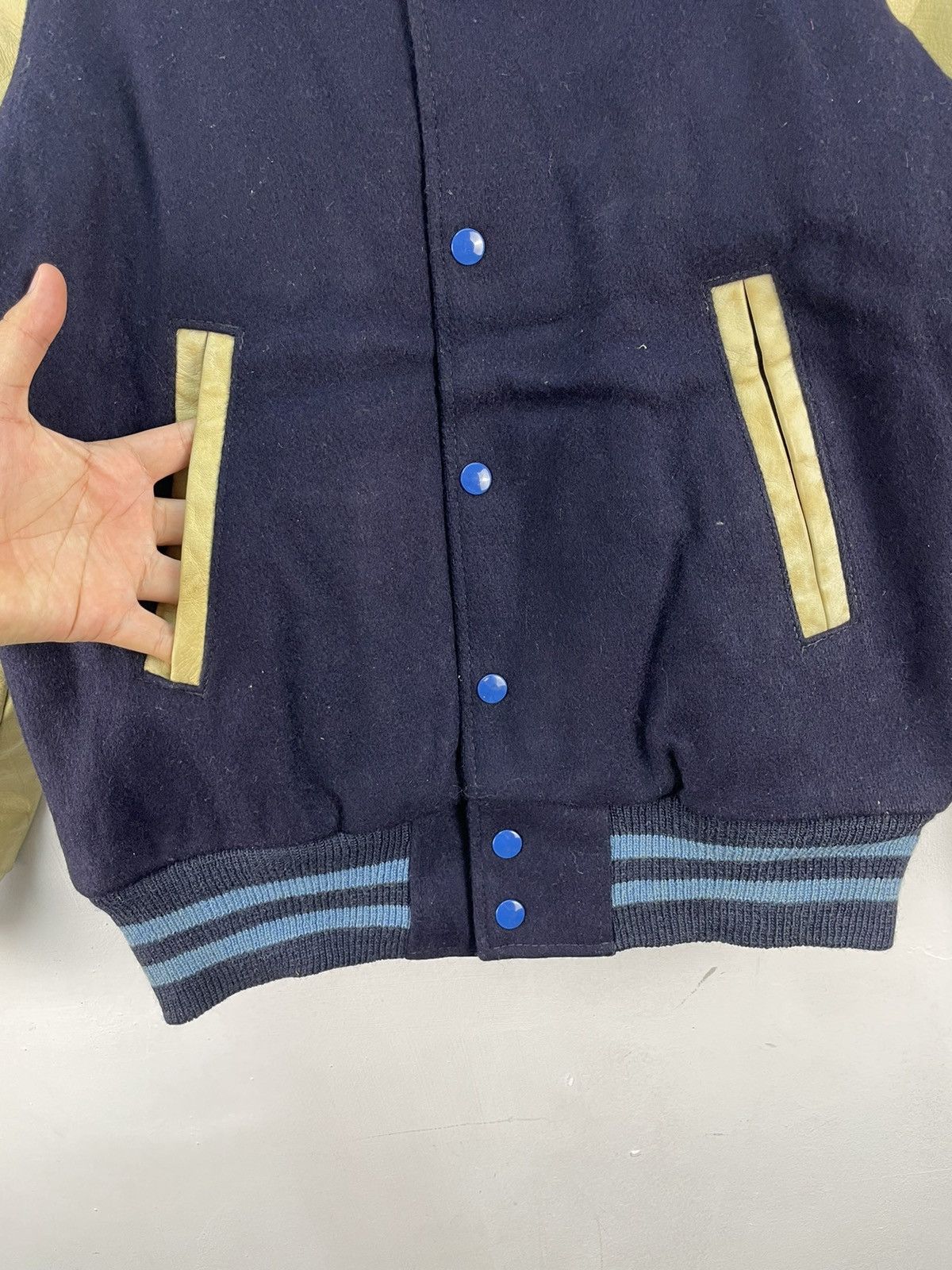 Vintage 90s Golden Bear Varsity Jacket Leather Dark Navy