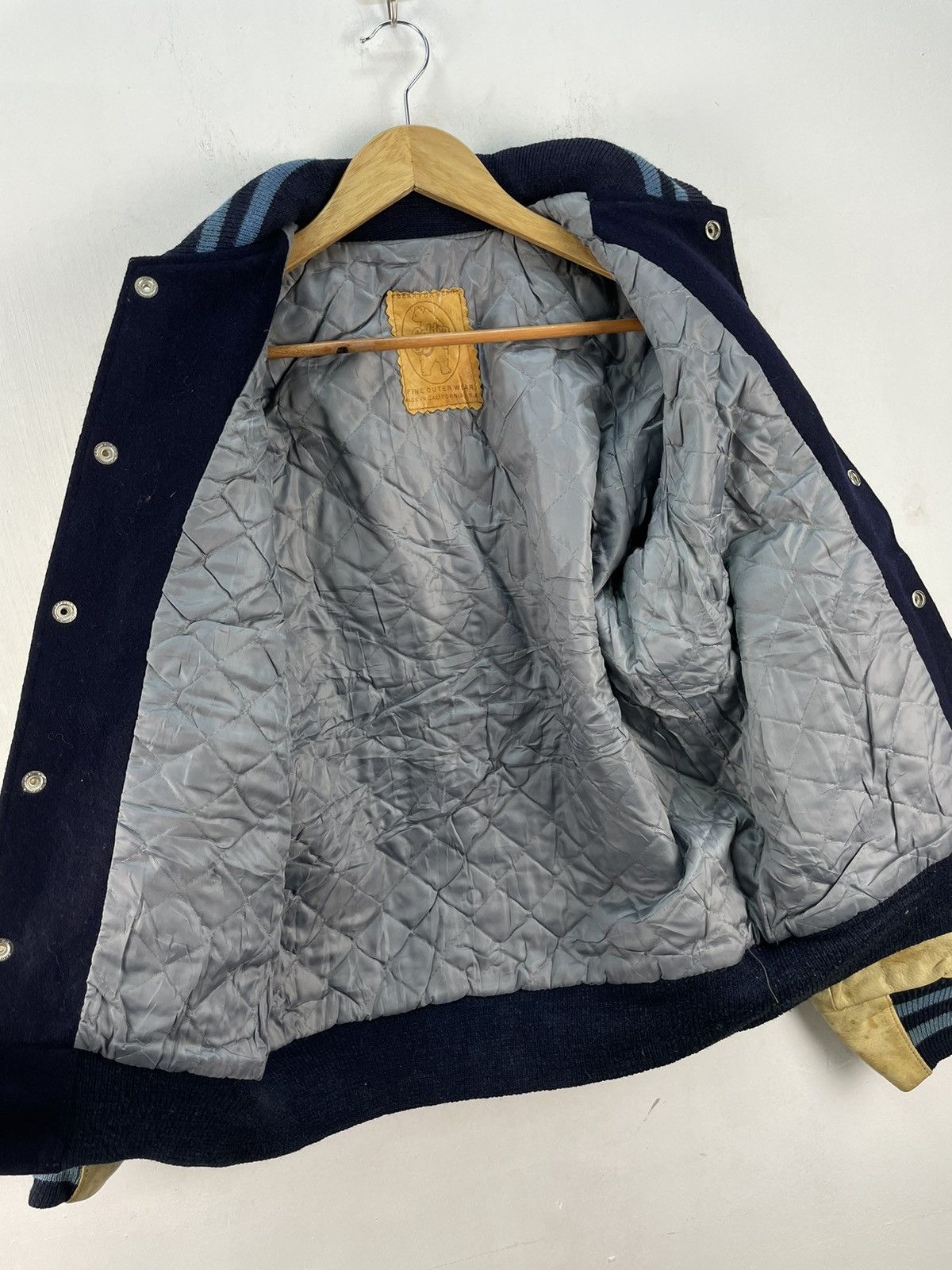 Vintage 90s Golden Bear Varsity Jacket Leather Dark Navy