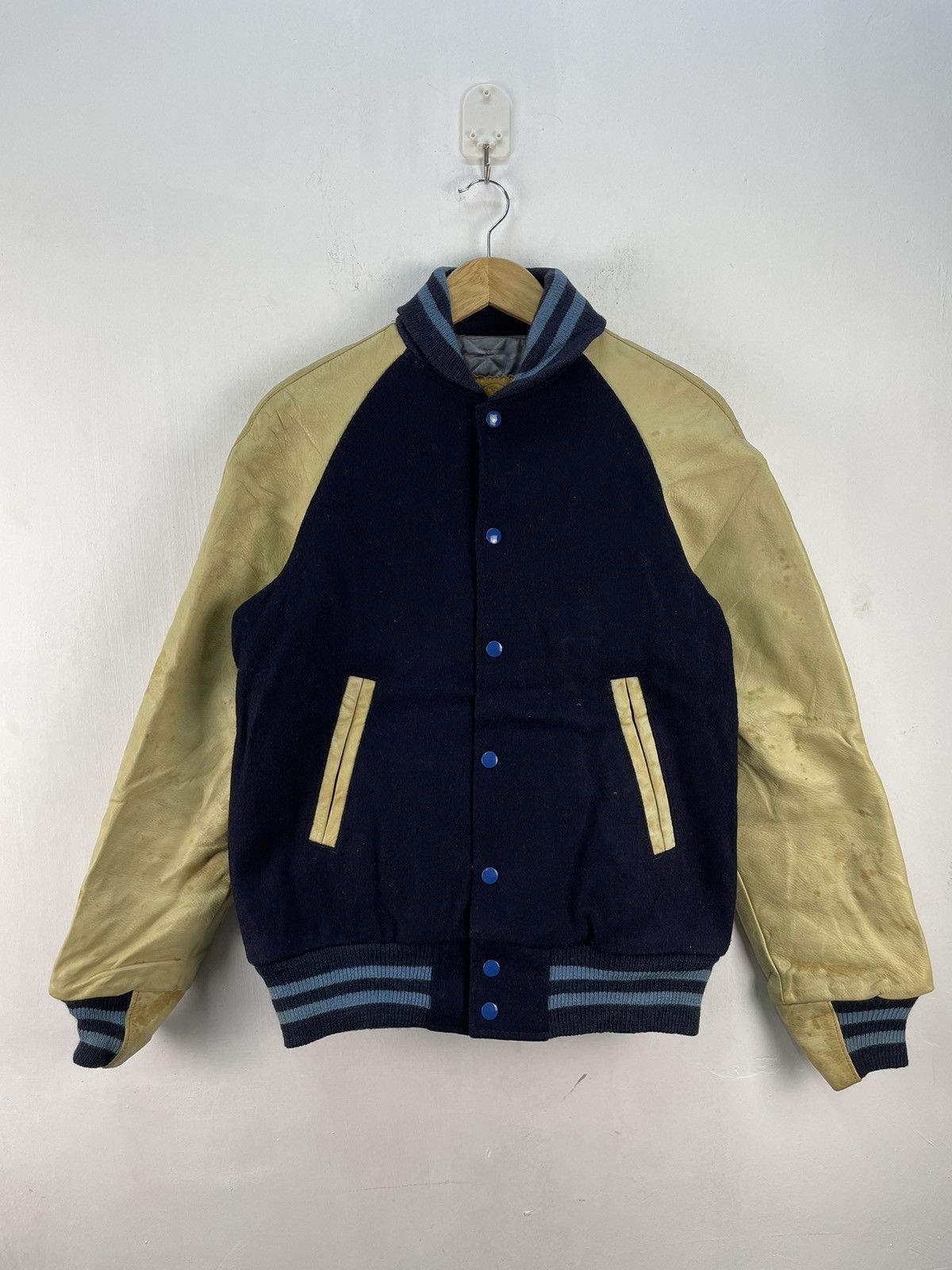 Vintage 90s Golden Bear Varsity Jacket Leather Dark Navy