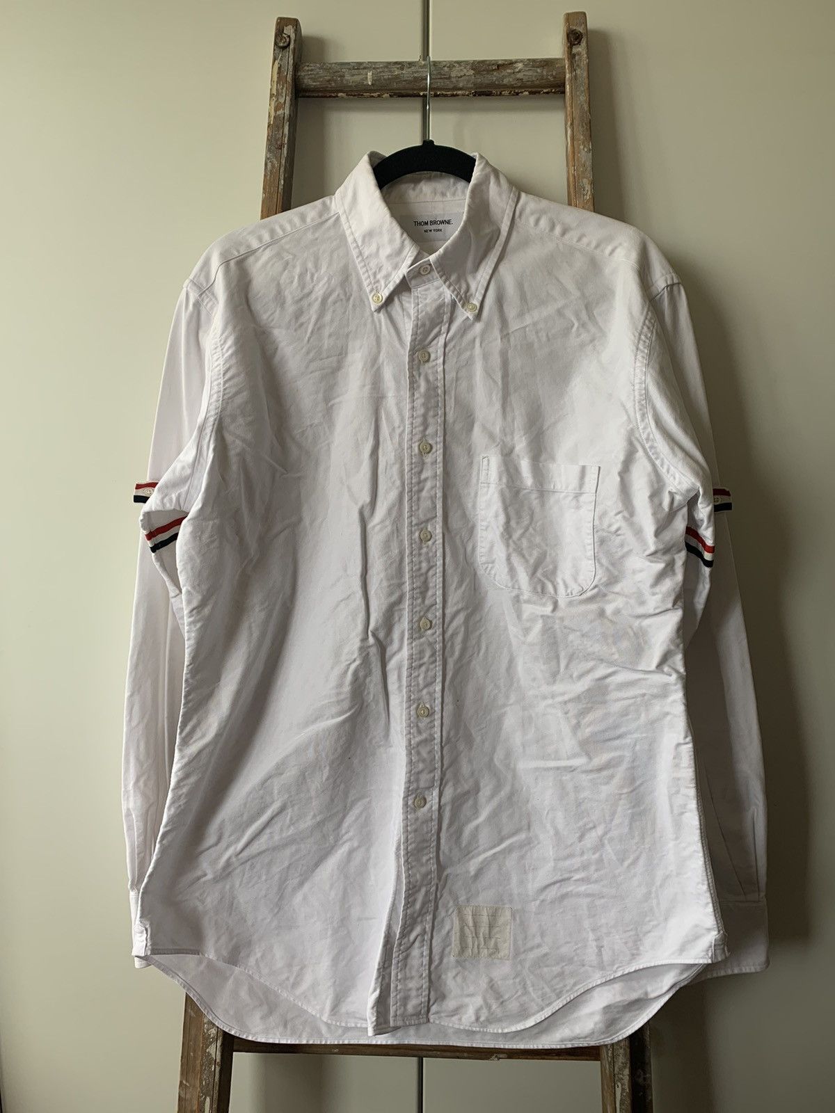 image of Thom Browne Grosgrain Armband Oxford Shirt in White, Men's (Size XL)