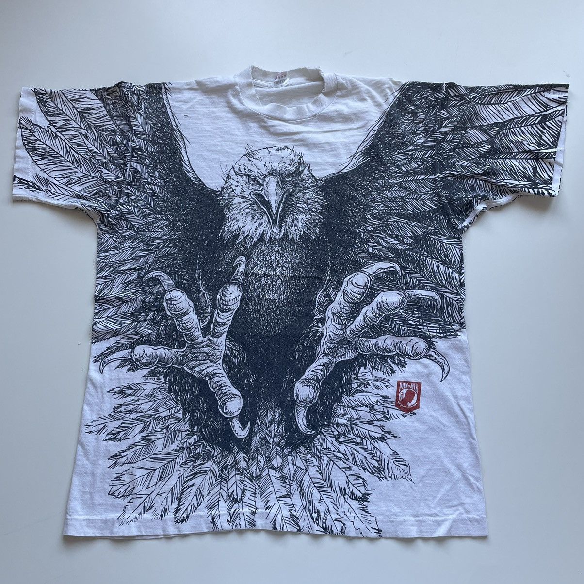 image of Made In USA x Vintage 90's Eagle Pow Mia All Over Print Art Graphic T Shirt in White, Men's (Size X