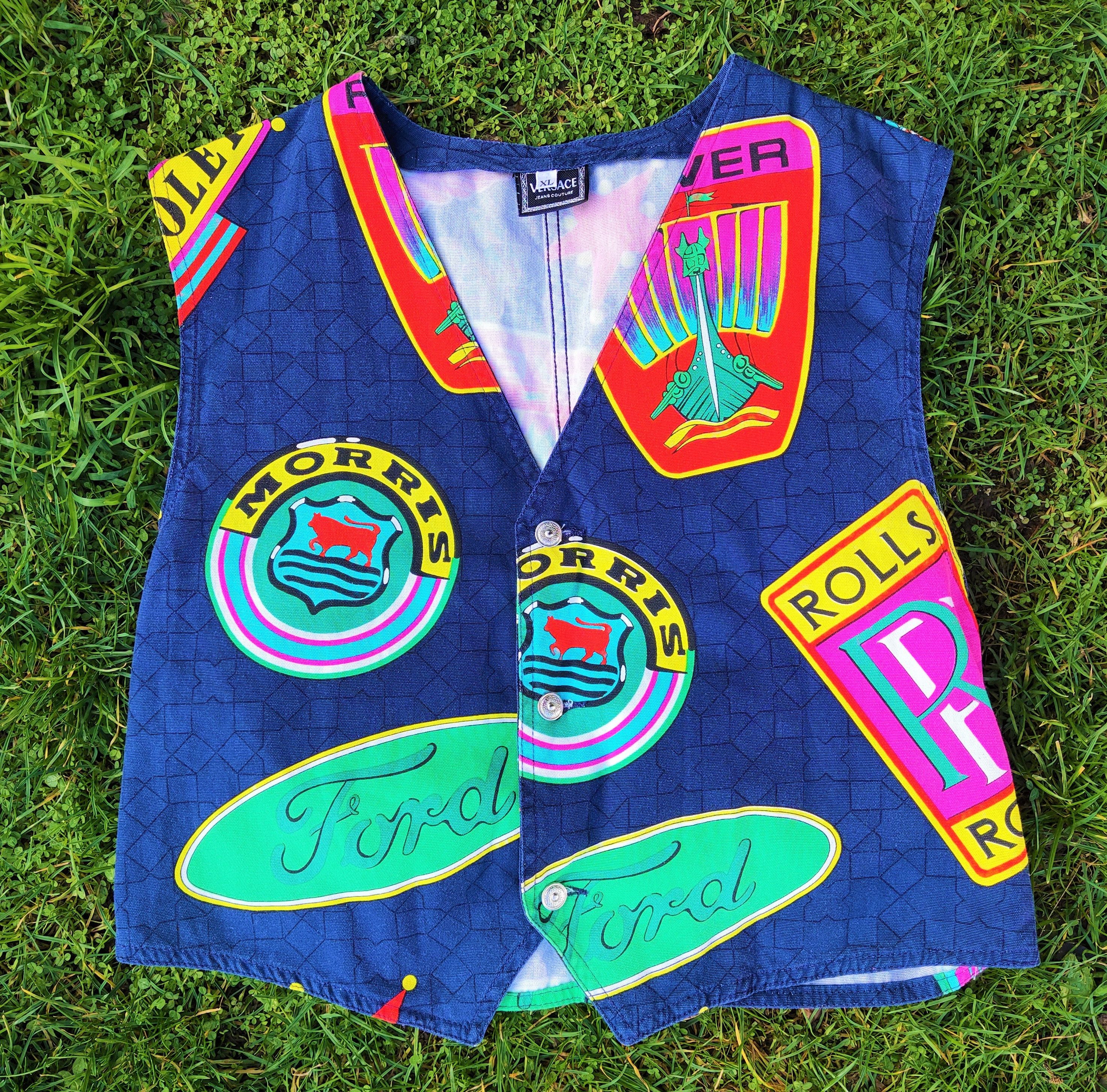 image of Gianni Versace Couture Car Brand Rolls Royce T-Shirt Vest in Blue Pink Yellow Colorful Rainbow (Siz