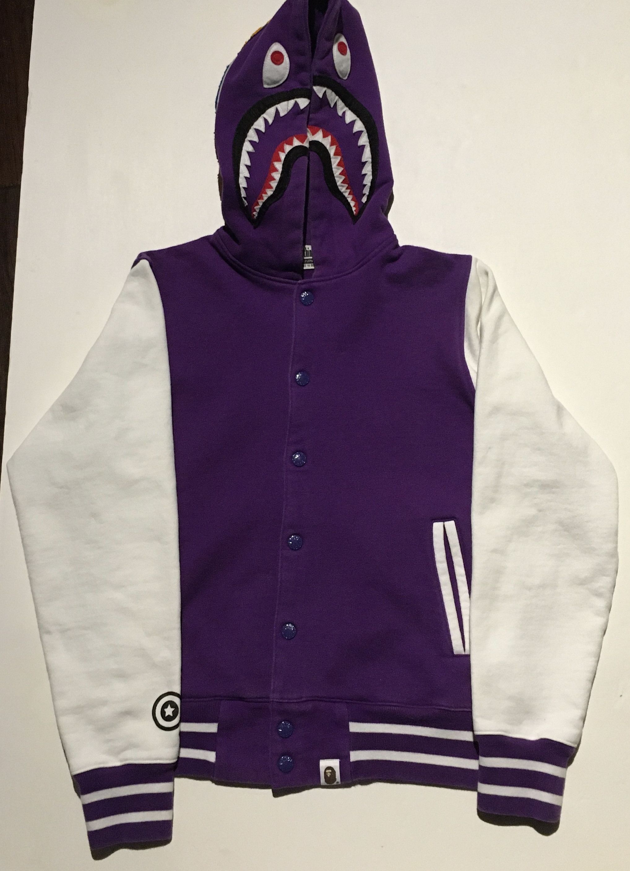 image of Bape Varsity Shark Hoodie Bomber Jacket in Purple, Men's (Size Small)