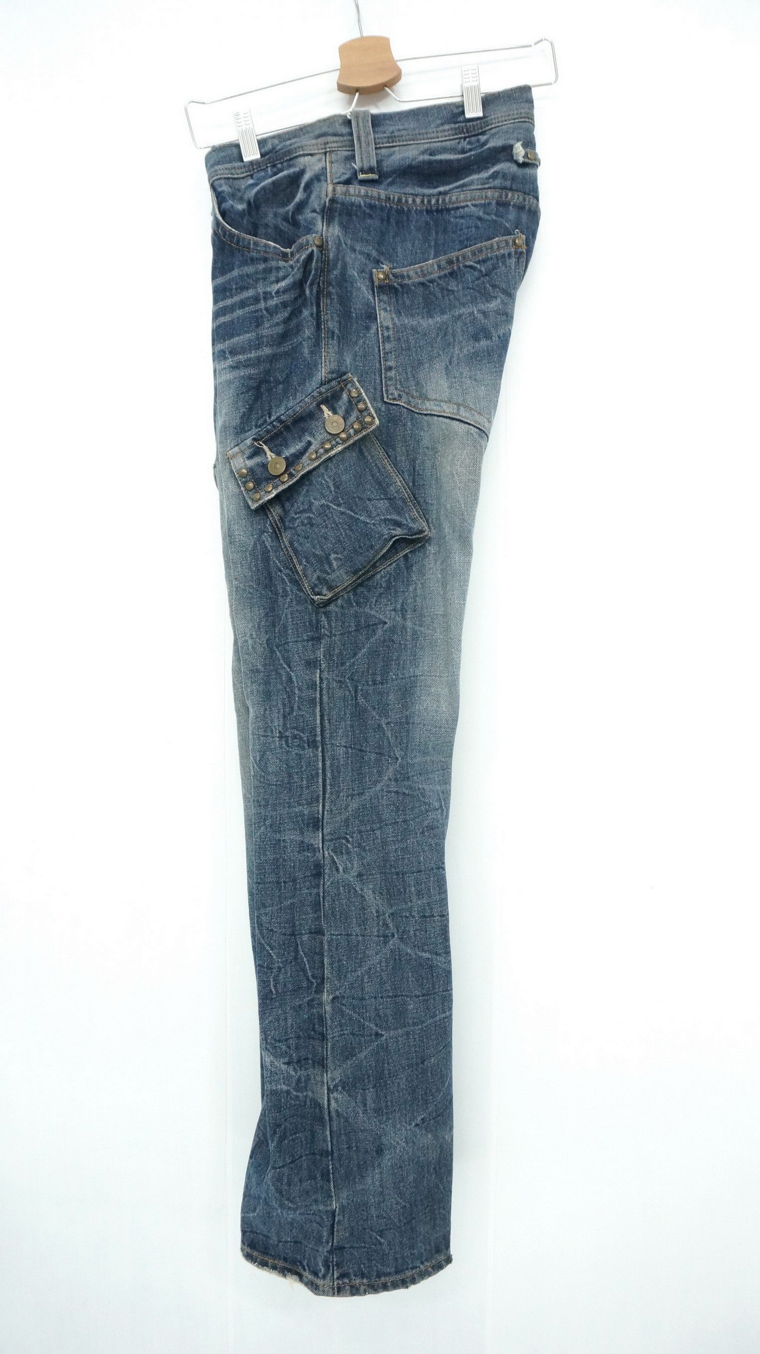 Japanese Brand 🎌Vtg DAILY NEWS Japan Distressed Skinny Flared Cargo Jeans Size US 32 / EU 48 - 4 Thumbnail