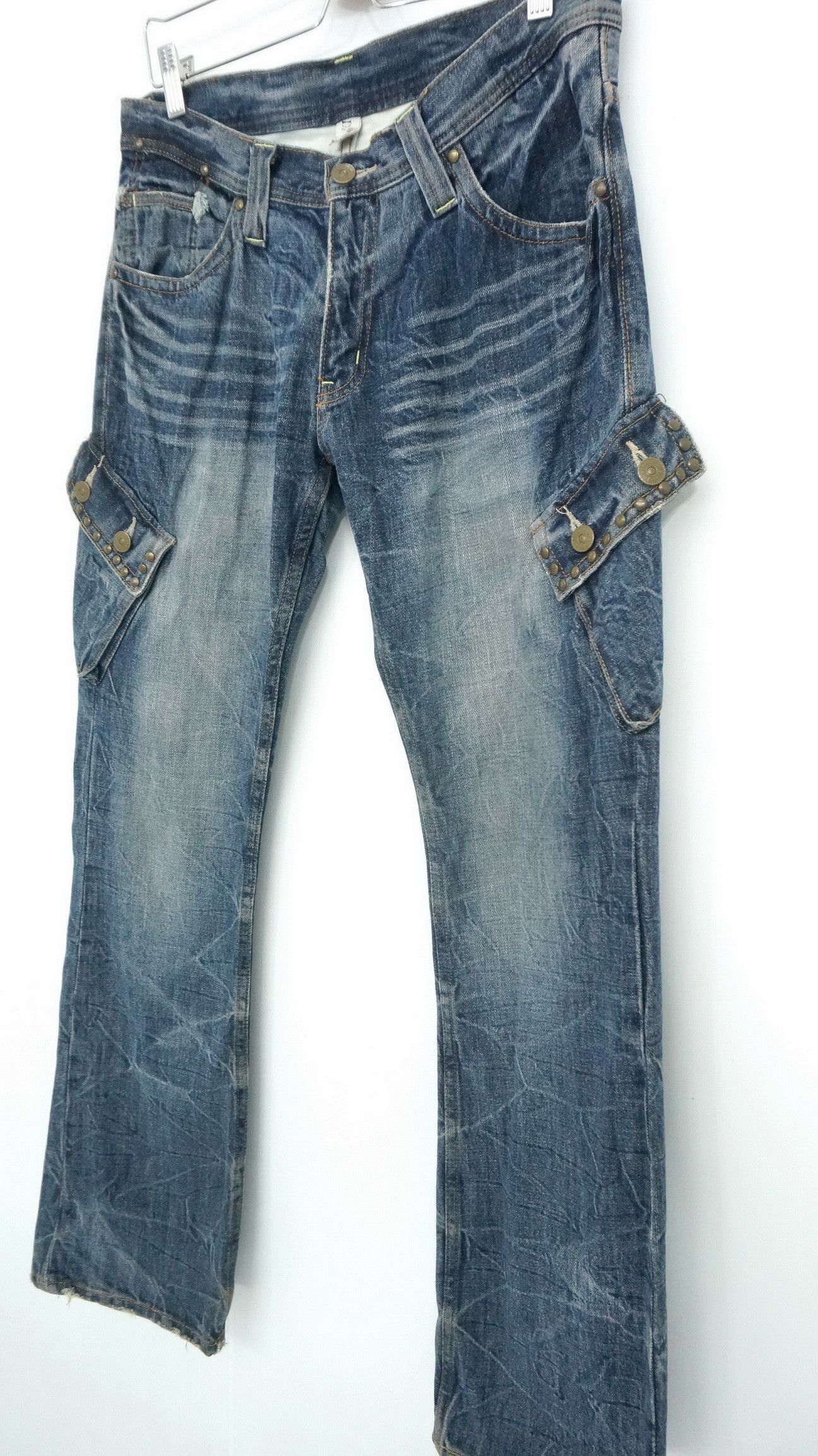 Japanese Brand 🎌Vtg DAILY NEWS Japan Distressed Skinny Flared Cargo Jeans Size US 32 / EU 48 - 1 Thumbnail