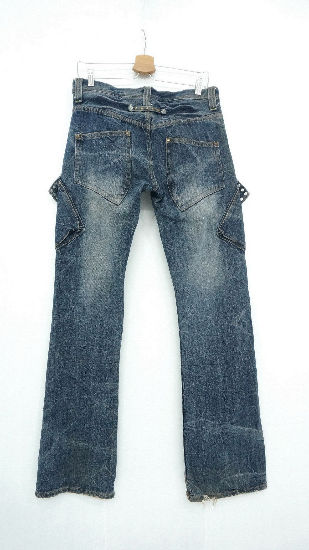 Japanese Brand 🎌Vtg DAILY NEWS Japan Distressed Skinny Flared Cargo Jeans Size US 32 / EU 48 - 3 Thumbnail