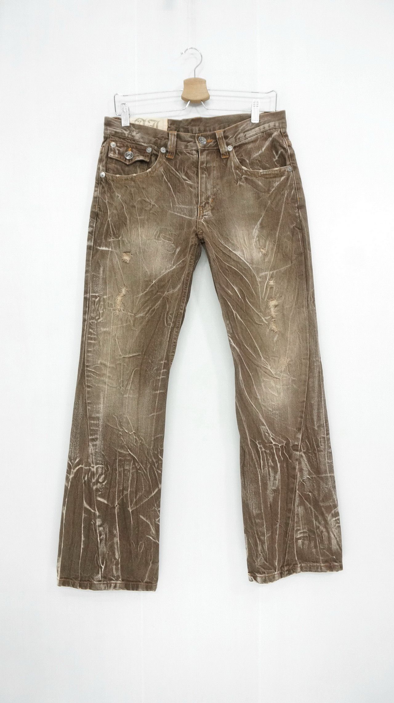 Japanese Brand RARE SICK 🔥 ANTFUI Distressed Ripped Flare Brown Jeans Size US 32 / EU 48 - 2 Thumbnail