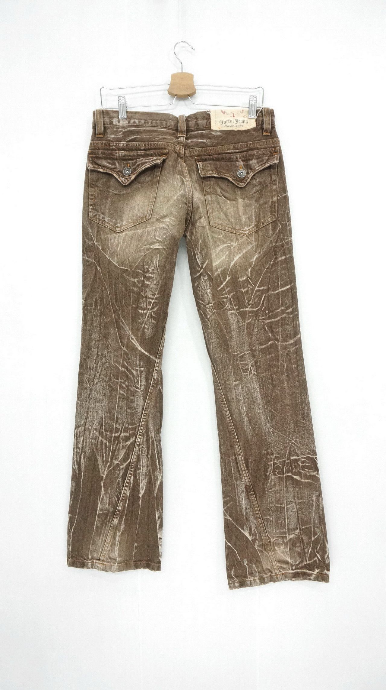 Japanese Brand RARE SICK 🔥 ANTFUI Distressed Ripped Flare Brown Jeans Size US 32 / EU 48 - 3 Thumbnail