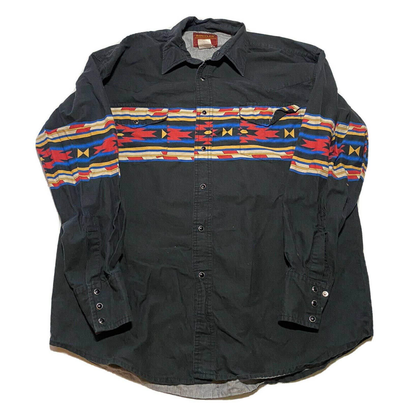 Vintage Men's Rustler Wrangler Pearl Snap Aztec Shirt L O8