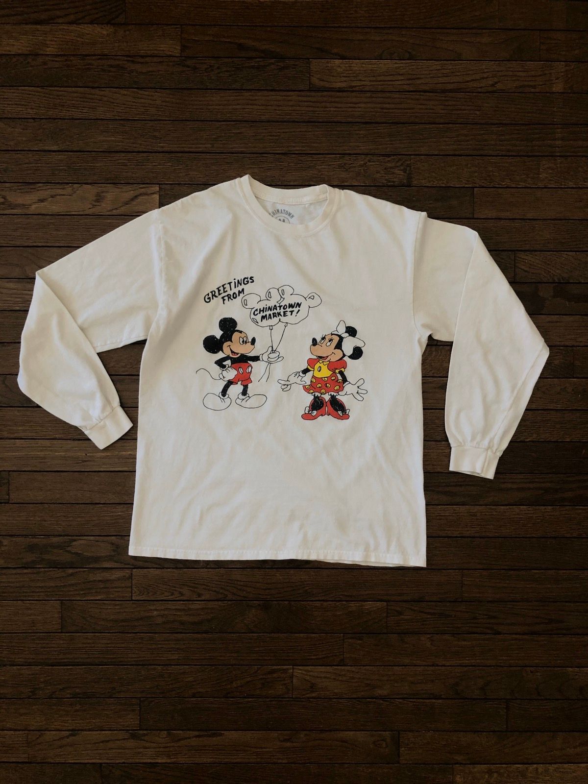 Pre-owned Market Chinatown  Mickey Mouse Long Sleeve Greetings From In White