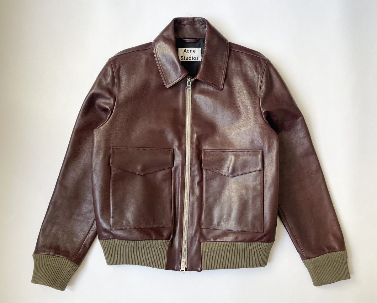 Pre-owned Acne Studios Oxblood Leather Flight Jacket In Oxblood/green