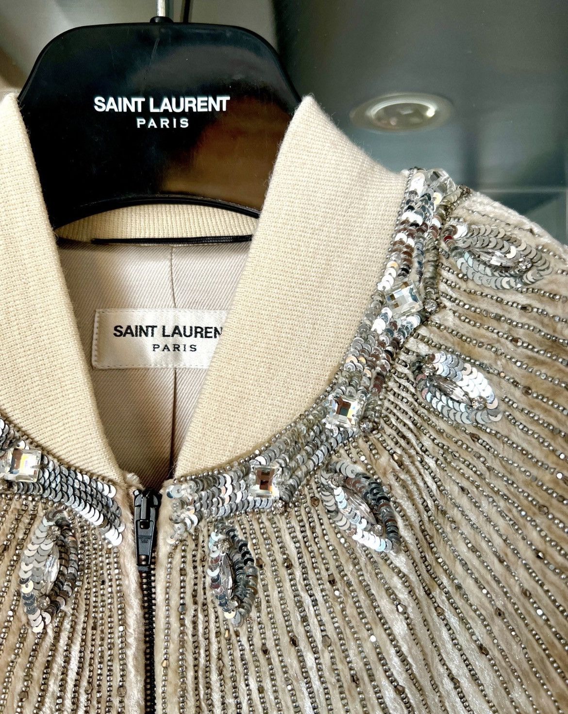 Hedi Slimane × Saint Laurent Paris 16FW Crystal and Studded Velvet Bomber Size 46S - 3 Thumbnail
