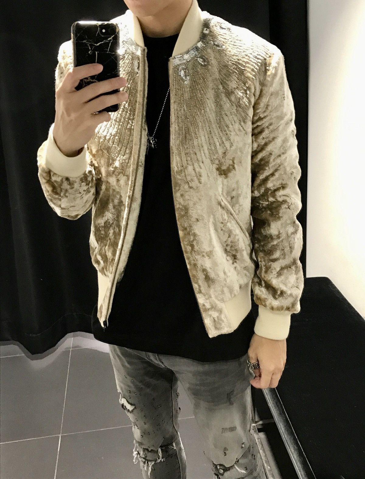 Hedi Slimane × Saint Laurent Paris 16FW Crystal and Studded Velvet Bomber Size 46S - 9 Thumbnail