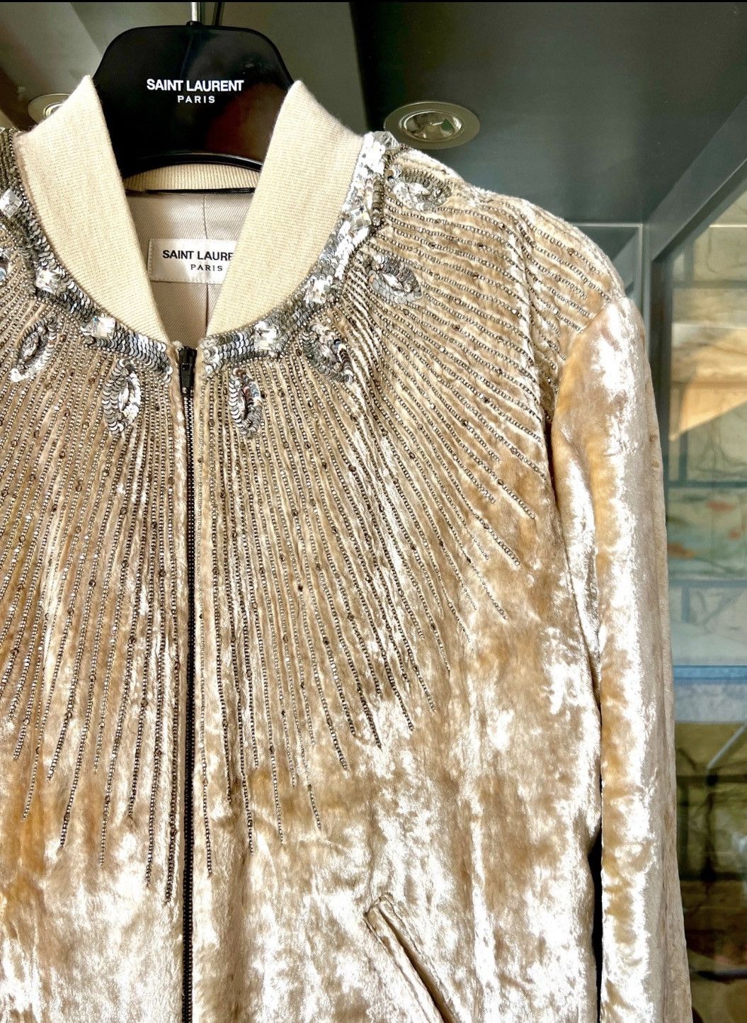 Hedi Slimane × Saint Laurent Paris 16FW Crystal and Studded Velvet Bomber Size 46S - 2 Thumbnail