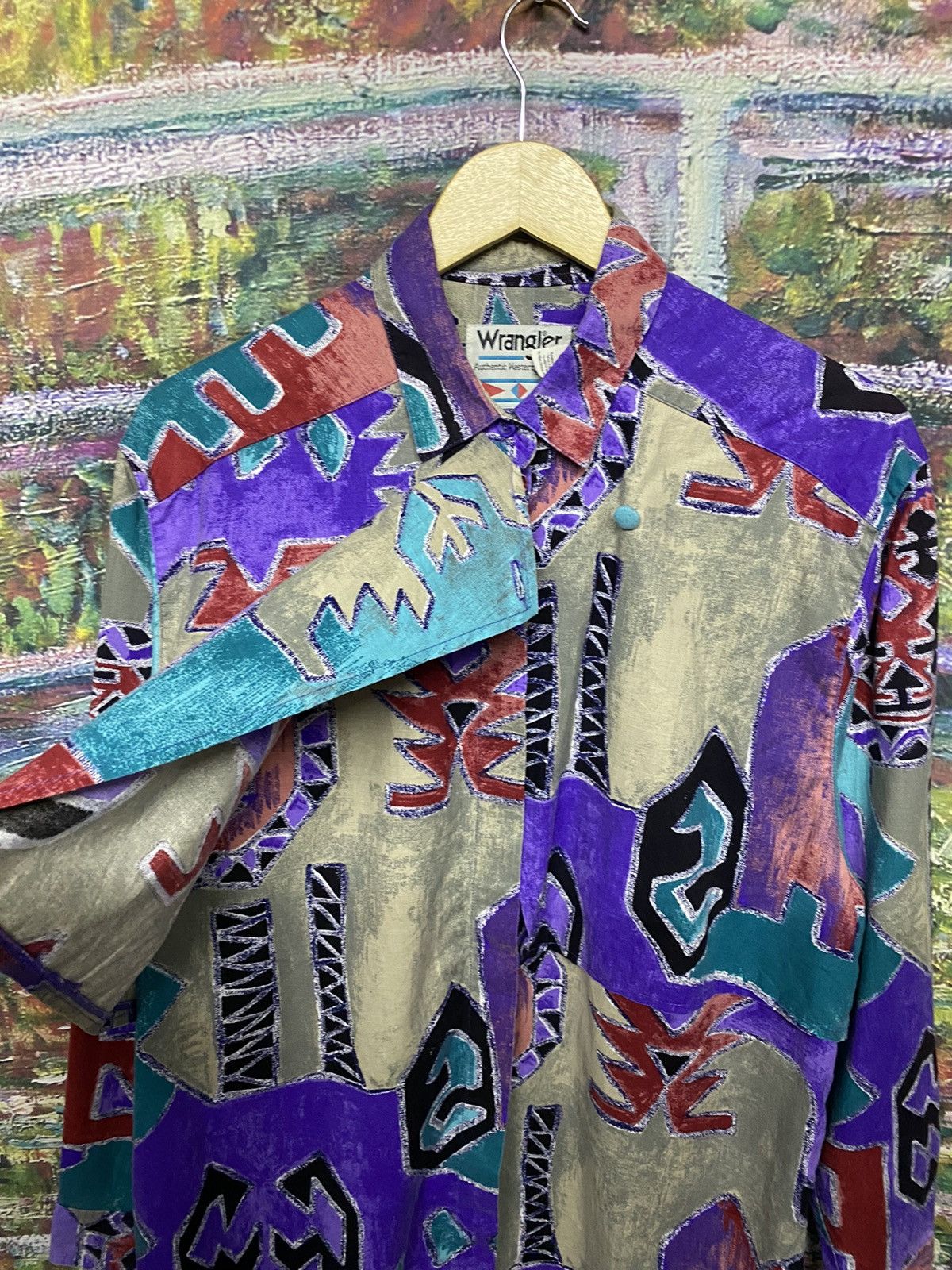 Aztech Mountain Vtg🌈Wrangler Native Western Cowboy Cutway L/S Ortega Shirt Size US XXL / EU 58 / 5 - 17 Thumbnail