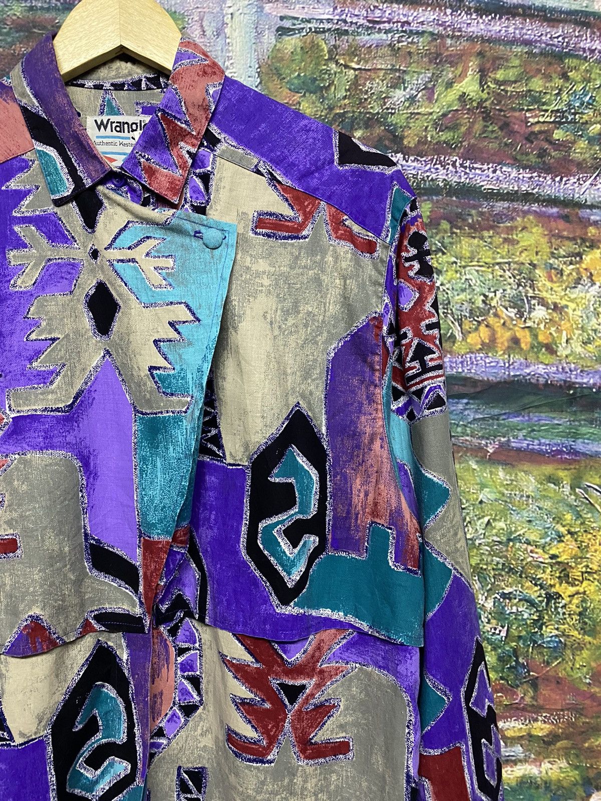 Aztech Mountain Vtg🌈Wrangler Native Western Cowboy Cutway L/S Ortega Shirt Size US XXL / EU 58 / 5 - 18 Thumbnail
