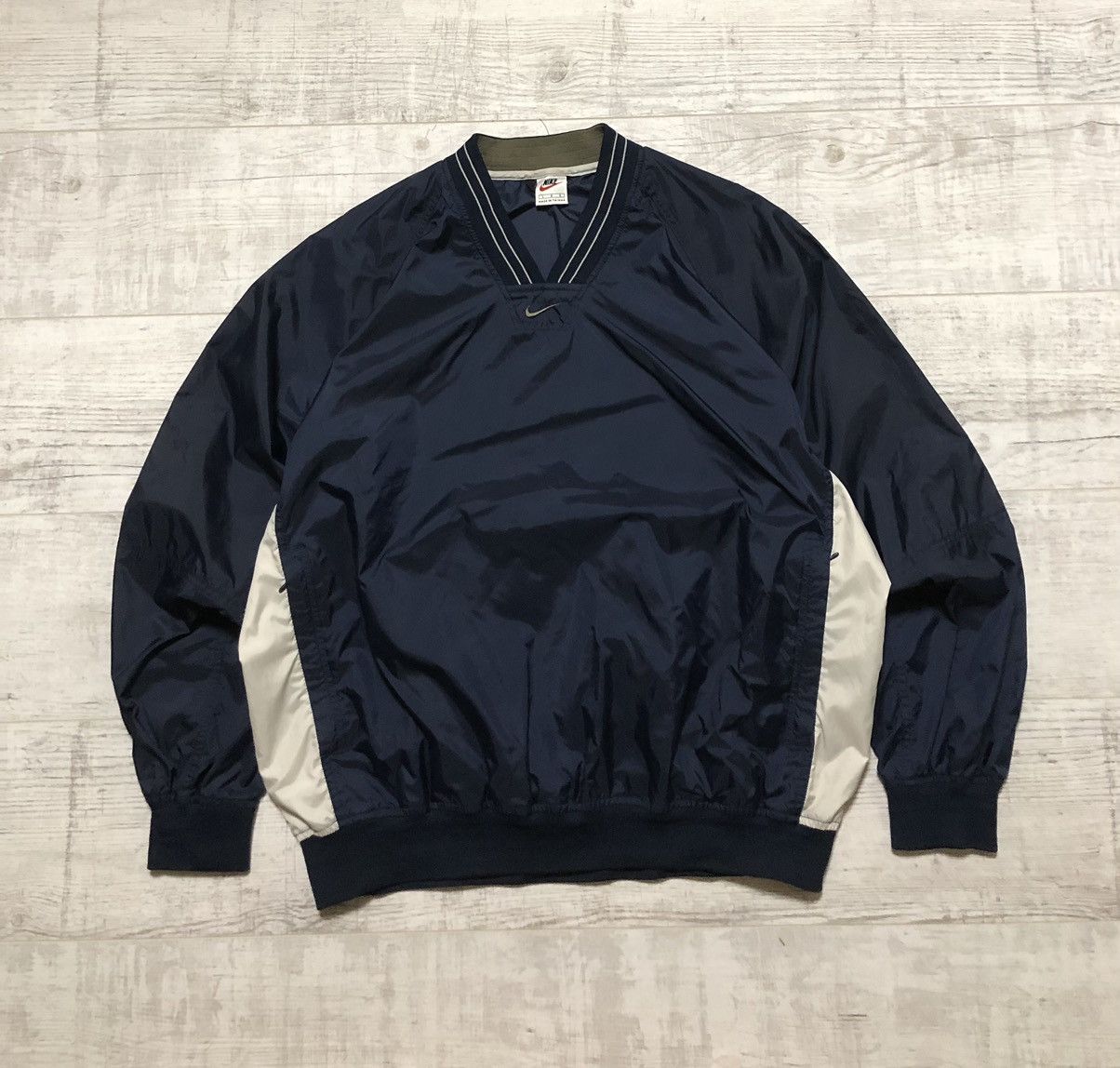 image of Y2K Nike Nylon Drill Center Swoosh Sweatshirt in Navy Blue, Men's (Size Large)