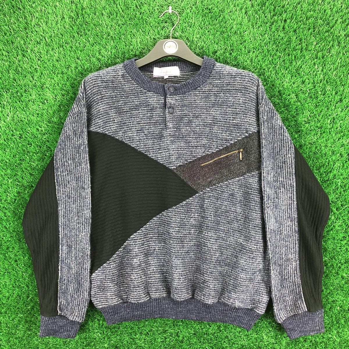 Japanese Brand Vintage 80's Wool Knit Striped Patchwork by Leighton Size US L / EU 52-54 / 3 - 1 Thumbnail