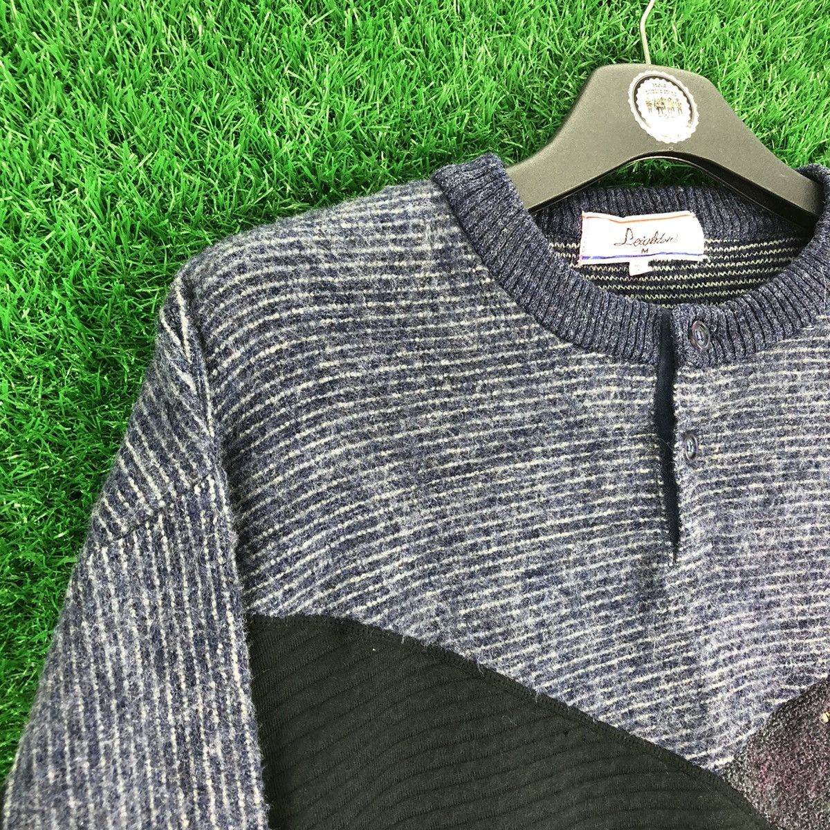 Japanese Brand Vintage 80's Wool Knit Striped Patchwork by Leighton Size US L / EU 52-54 / 3 - 2 Thumbnail