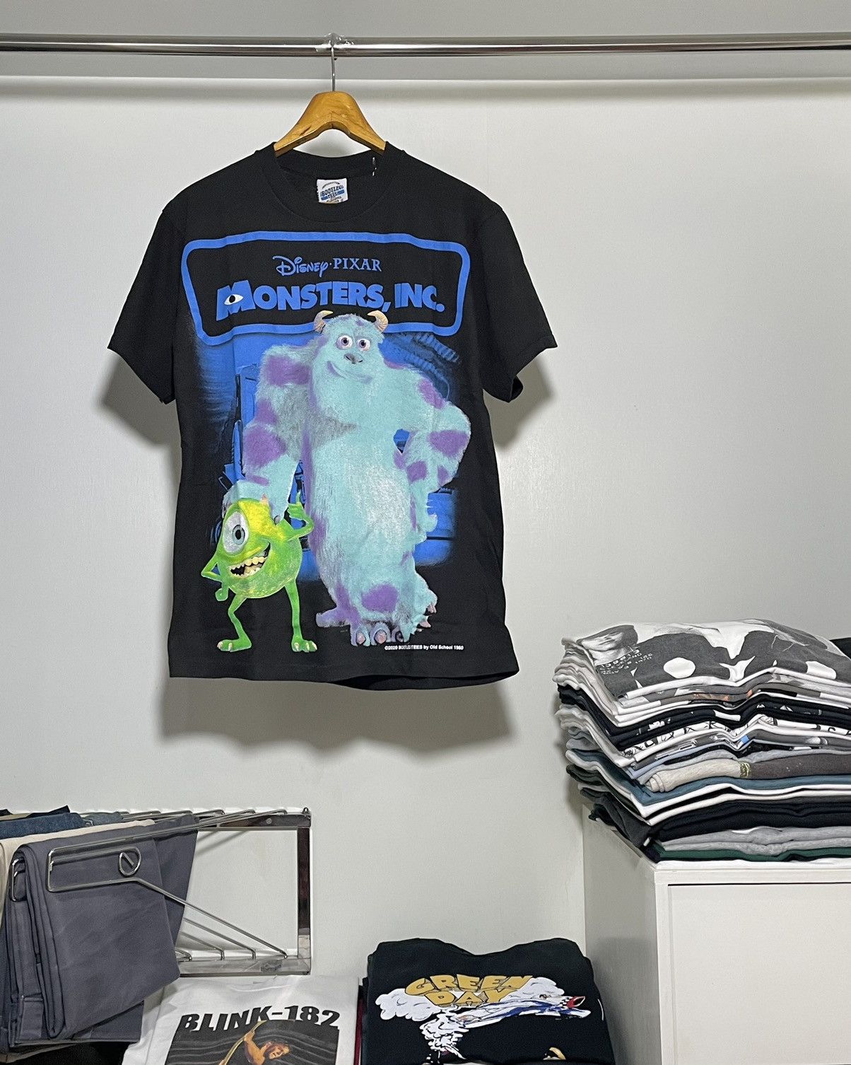 image of Monsters Inc Disney Pixar Movie Modern Bootleg Tees T-Shirt in Faded Black, Men's (Size Large)