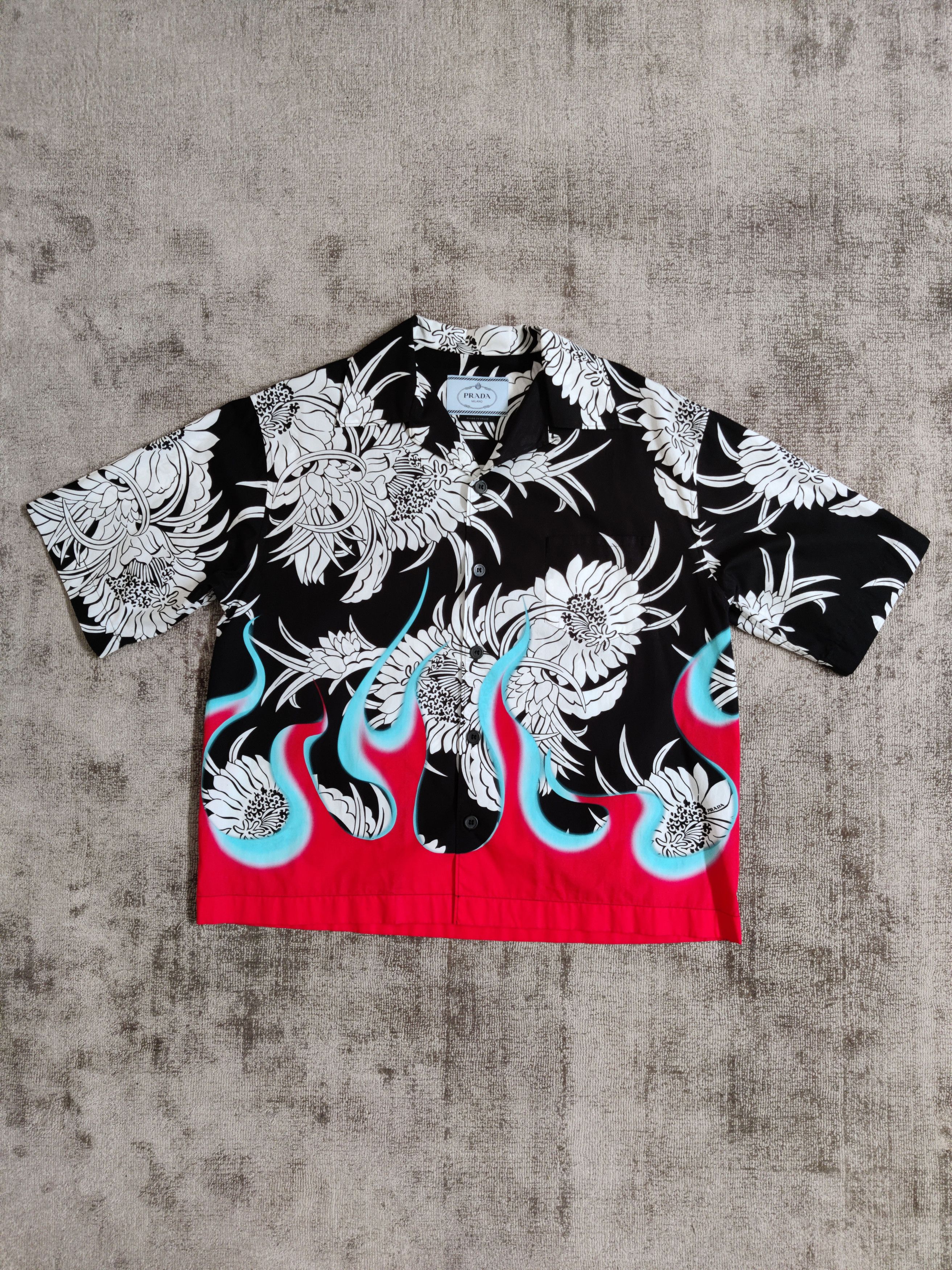 image of Prada Fw18 Dahlia Flames Poplin Shirt in Black/White/Red, Men's (Size Medium)