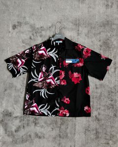 Double Match Heavy Cotton Black Red Floral Hawaiian Bowling Shirt