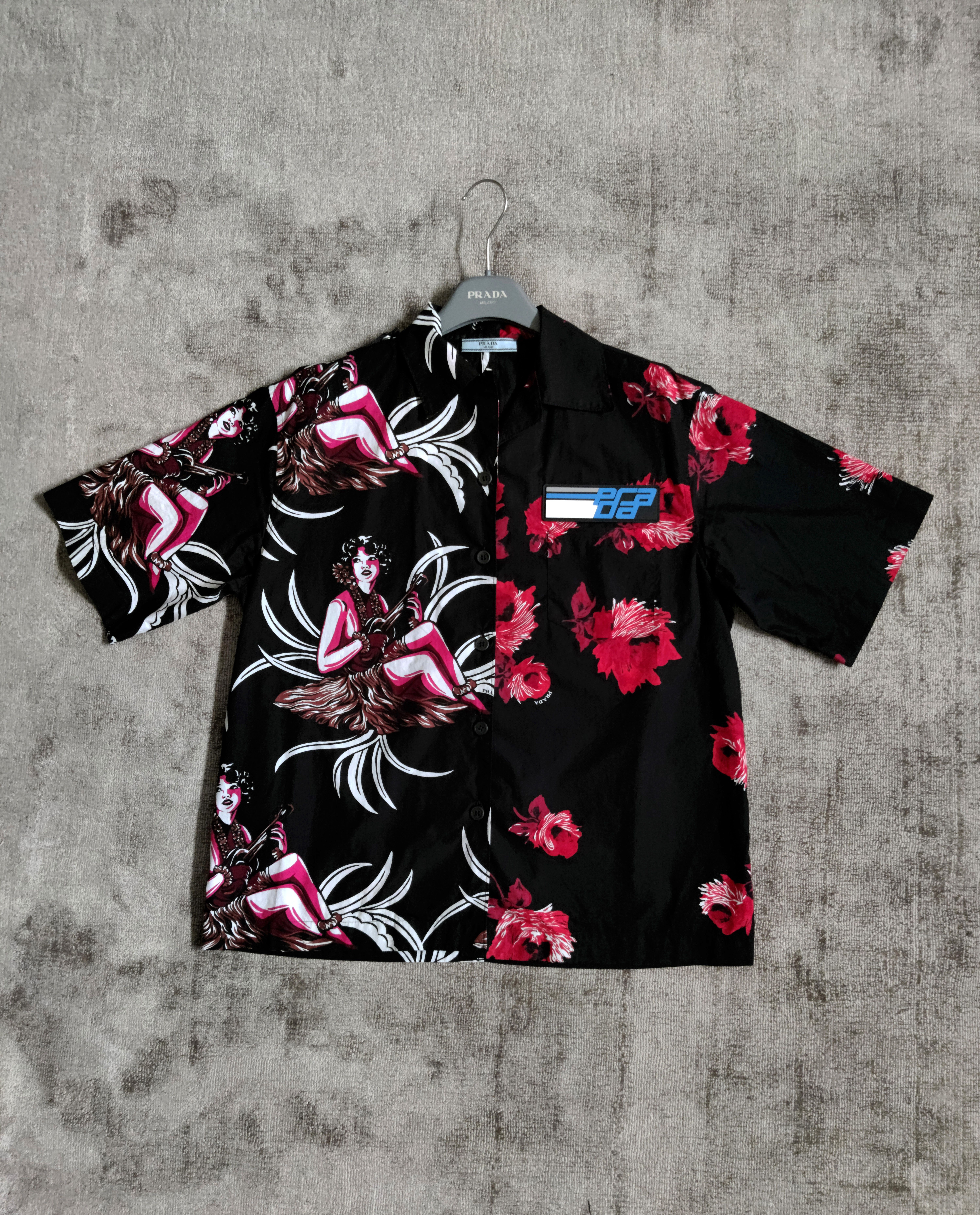 Pre-owned Prada Fw18 Double Match Split Hawaiian Floral Shirt In Black/red/white