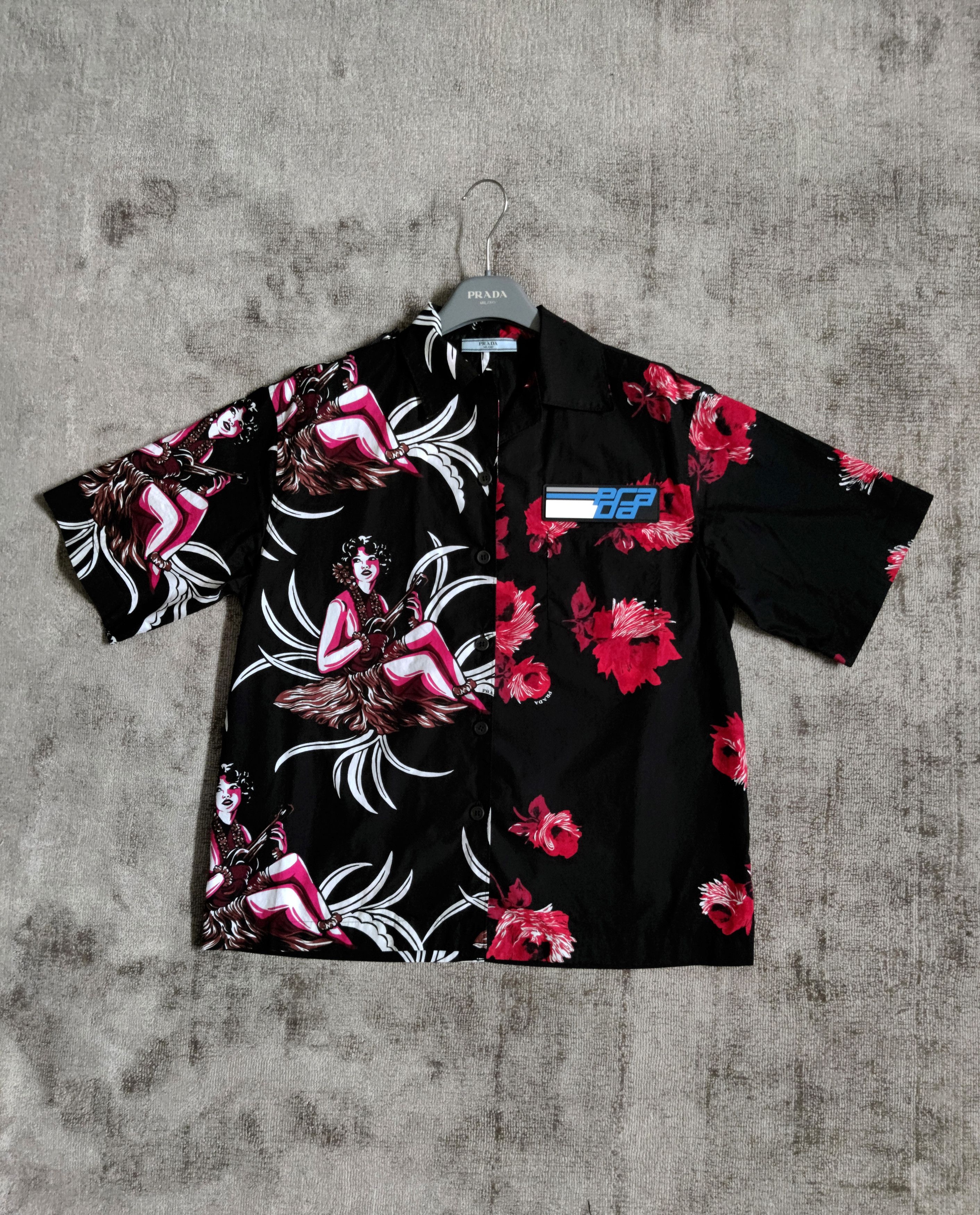 image of Prada Fw18 Double Match Split Hawaiian Floral Shirt in Black/Red/White, Men's (Size Small)