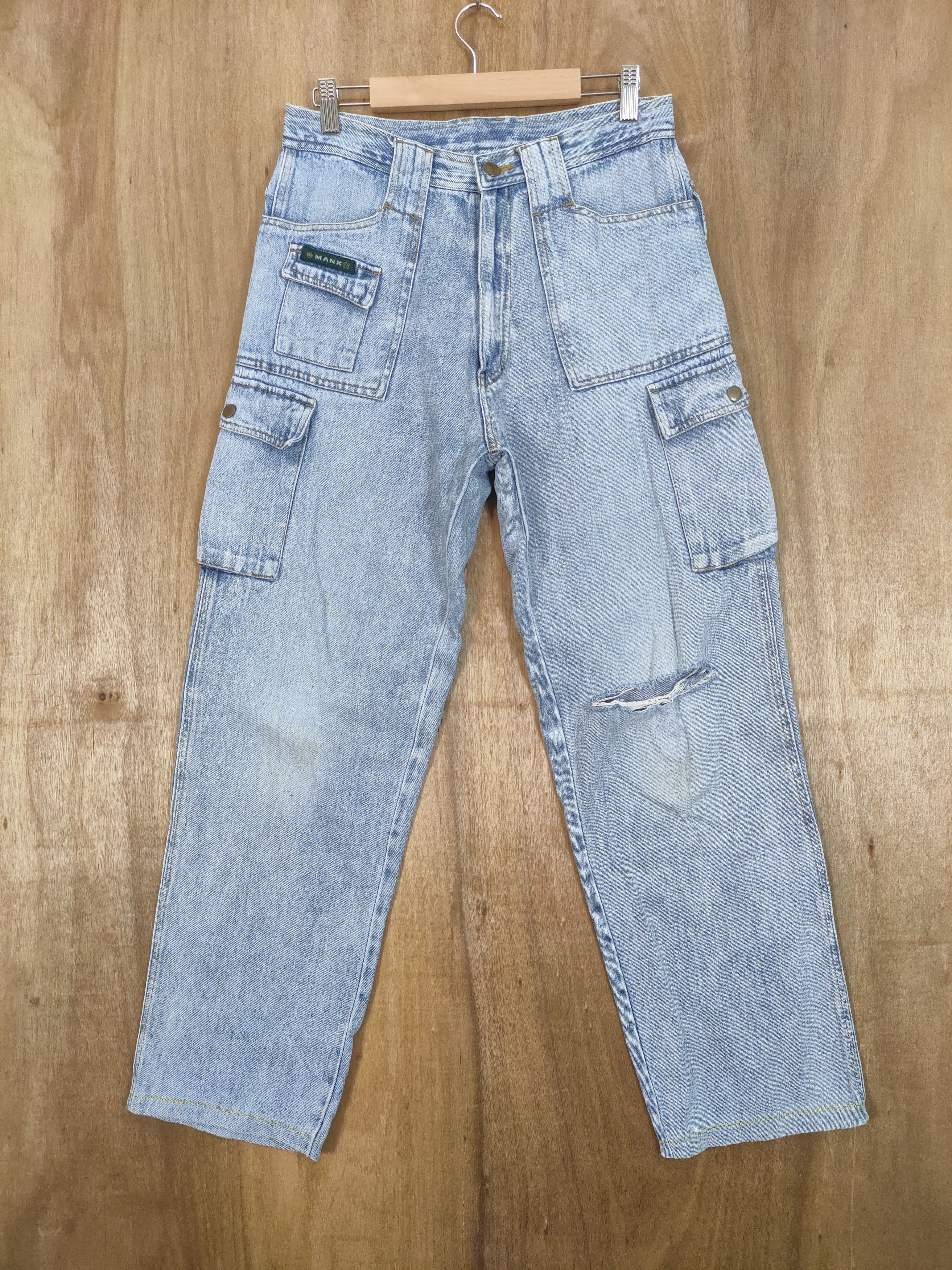 Japanese Brand MANX LIGHT BLUE DISTRESSED KNEE CARGO PANTS Size US 30 / EU 46 - 1 Thumbnail