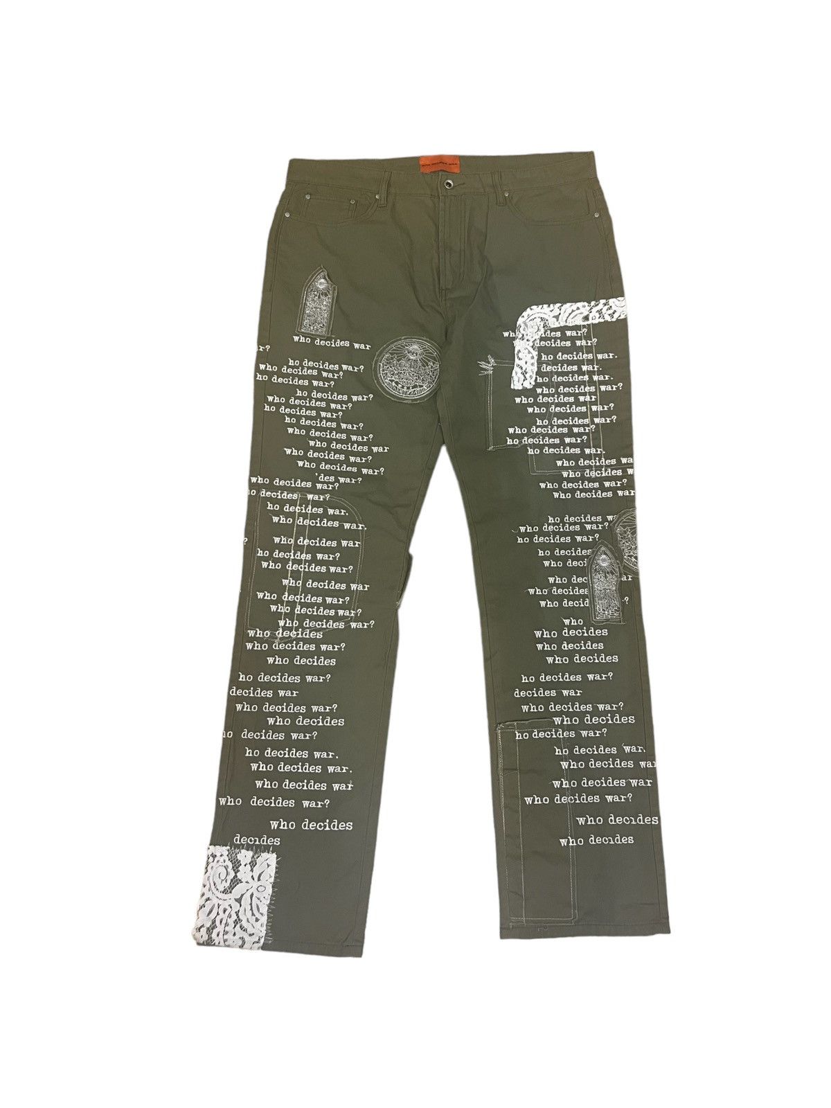 Who decides war fatigue scripture denim