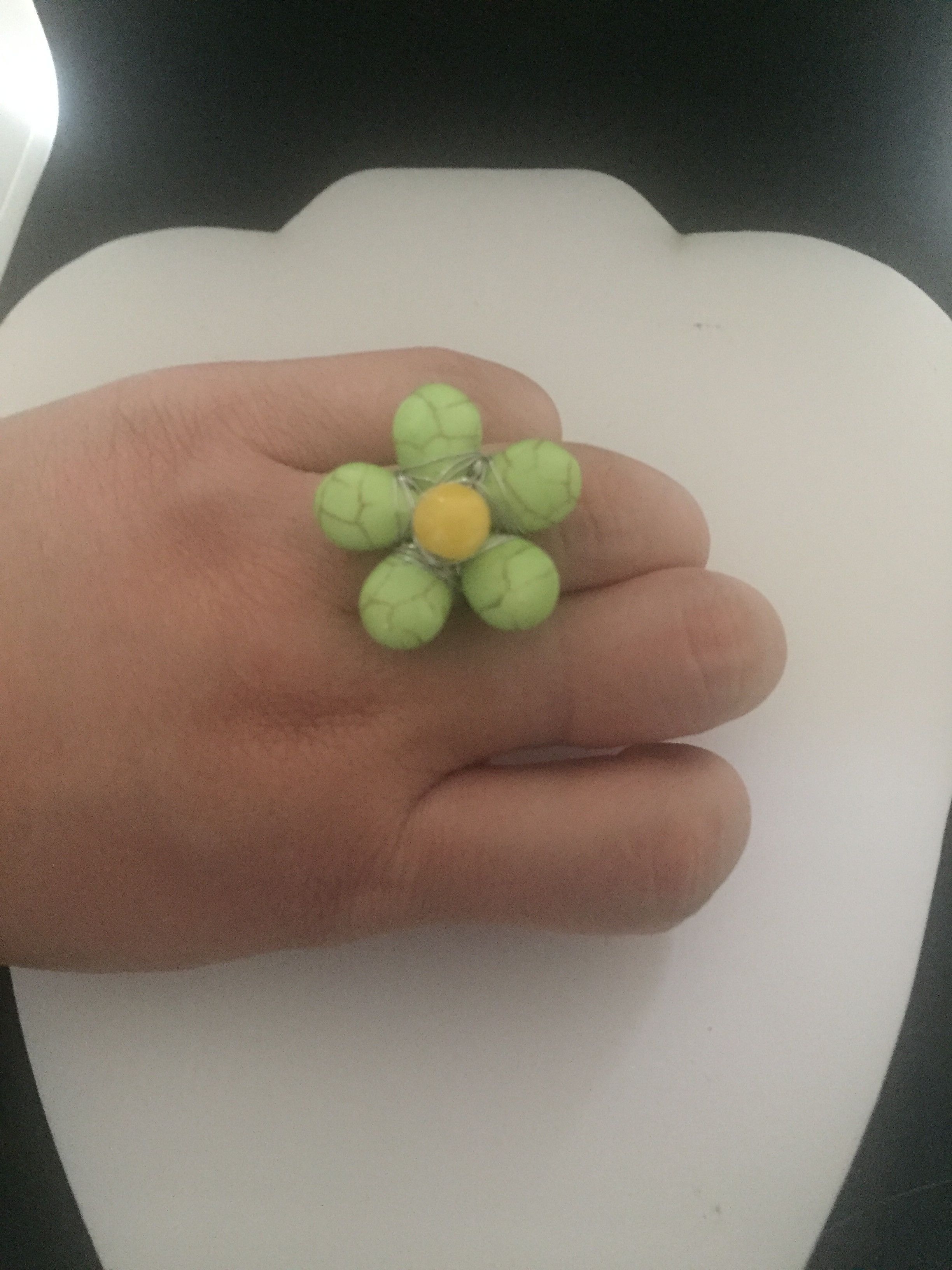 Handmade Green Turquoise Flower Ring with Yellow Bead Size ONE SIZE - 3 Thumbnail