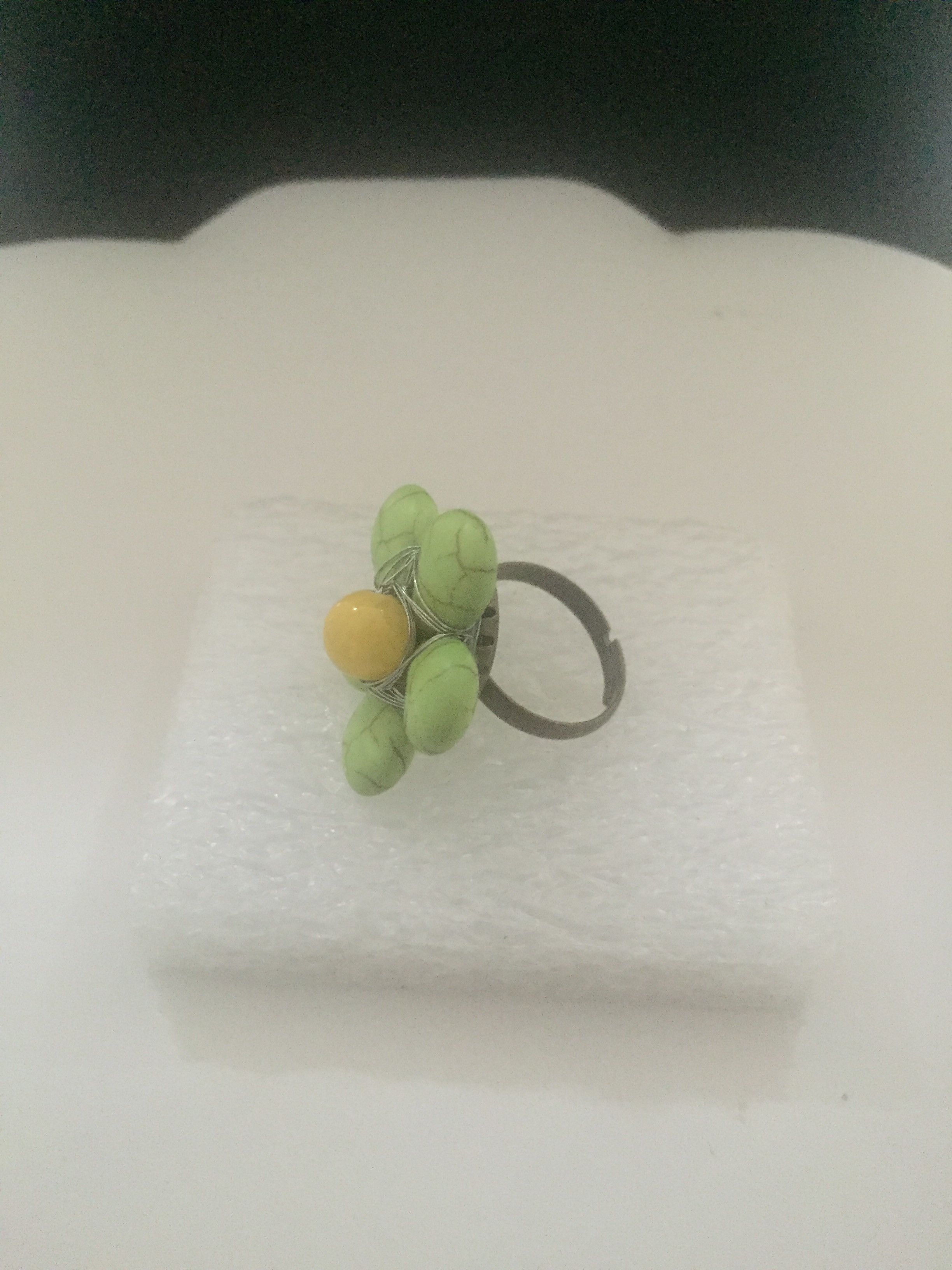 Handmade Green Turquoise Flower Ring with Yellow Bead Size ONE SIZE - 2 Thumbnail