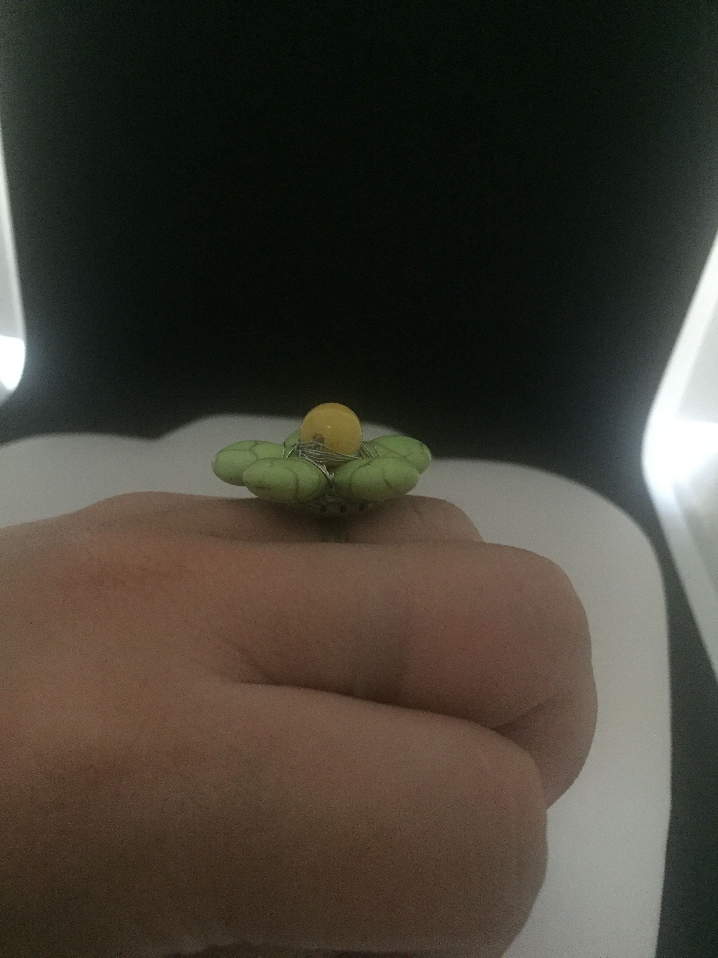 Handmade Green Turquoise Flower Ring with Yellow Bead Size ONE SIZE - 4 Thumbnail