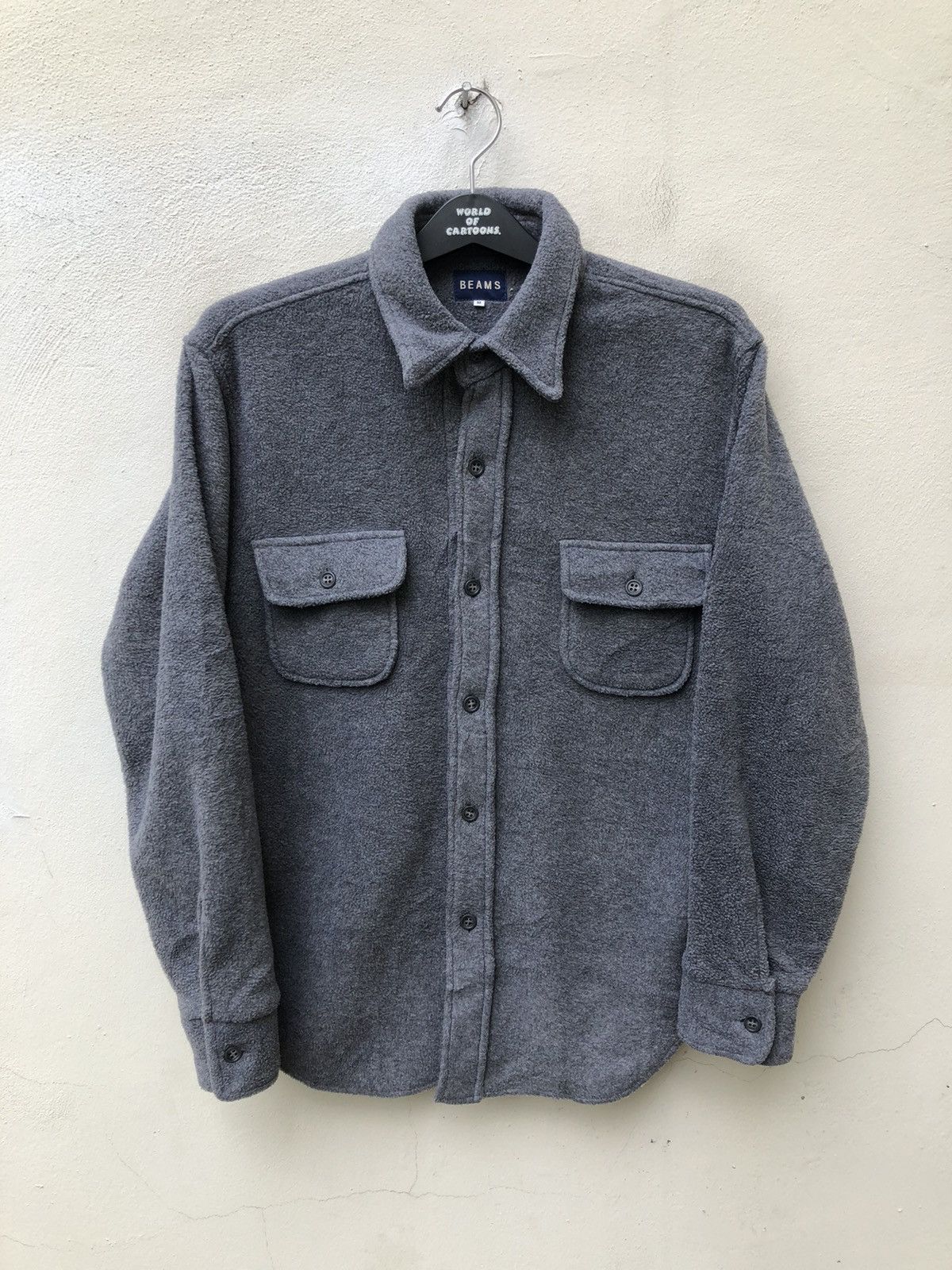 image of Beams Plus x Vintage Beams Grey Bulky Malden Mills Fleece Button Shirt, Men's (Size Medium)