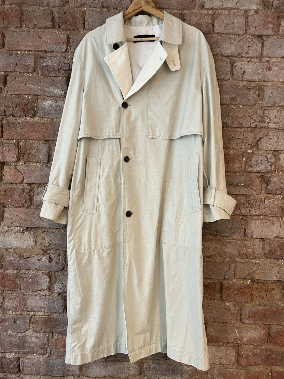 image of Haider Ackermann Light Mint Resinated Cotton Trench Coat, Men's (Size Small)