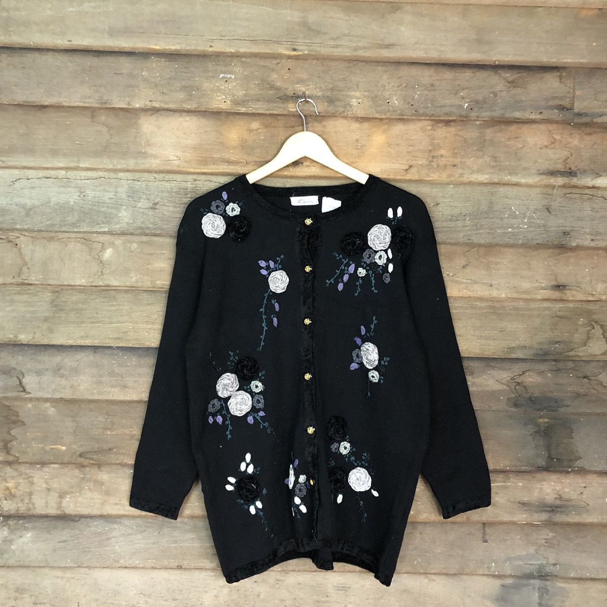 image of Soleinne Art Flower Cardigan Black Knitwear 396B, Women's (Size Large)