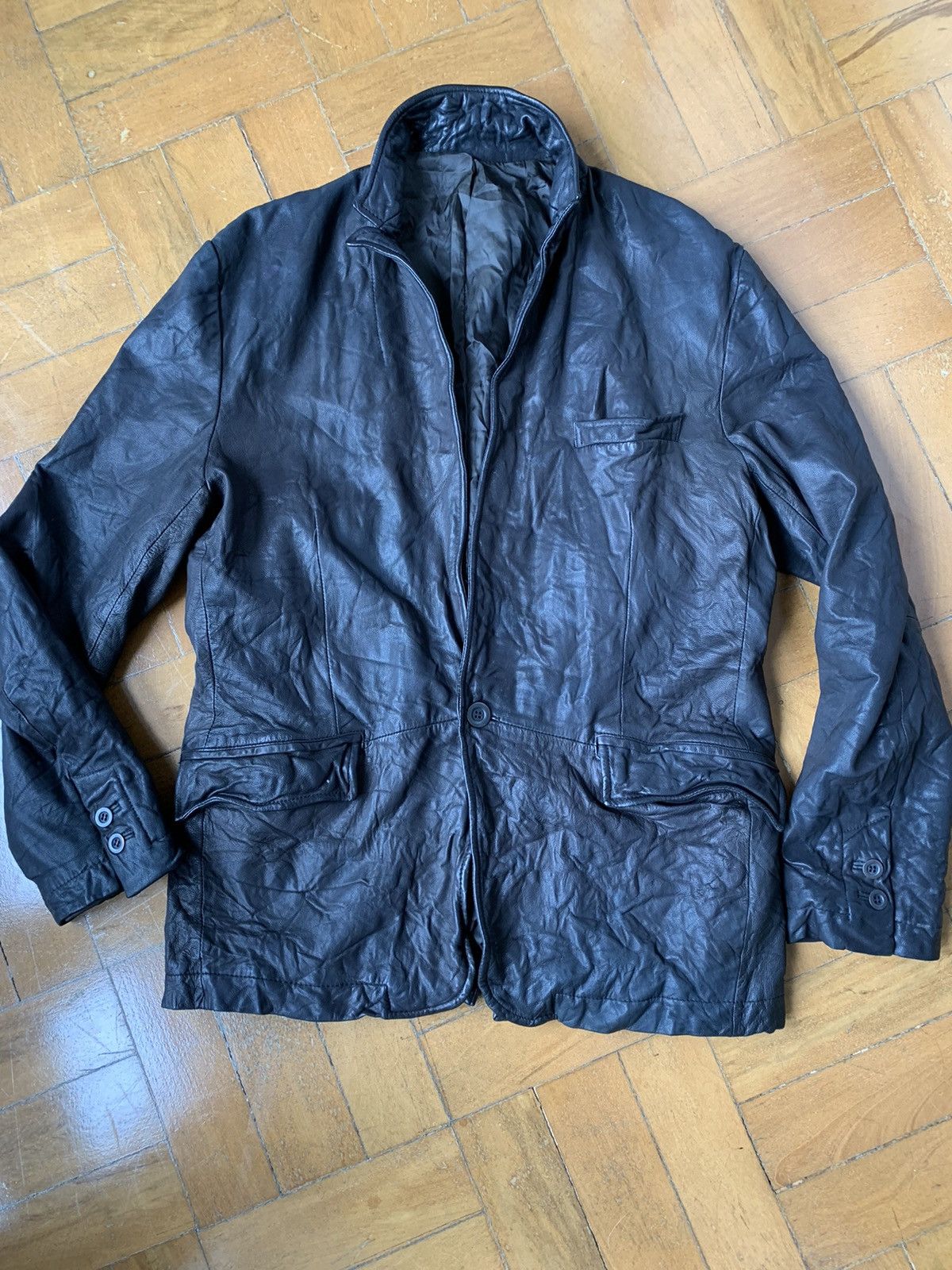 image of Issey Miyake x Tete Homme Japan Made Washed Lamb Leather Jacket Wired Front And Collar in Black (Si