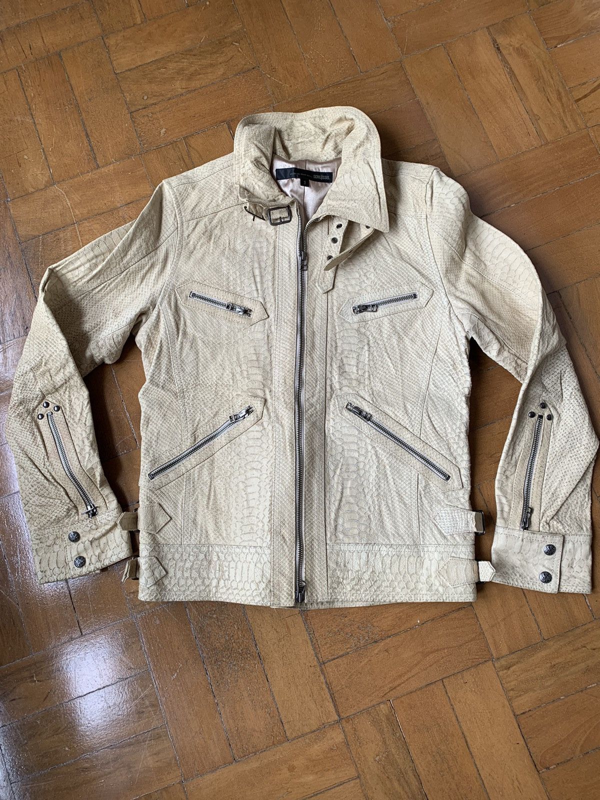 image of Schlussel Snakeskin Effect Leather Biker Jacket From in Sand, Men's (Size Medium)