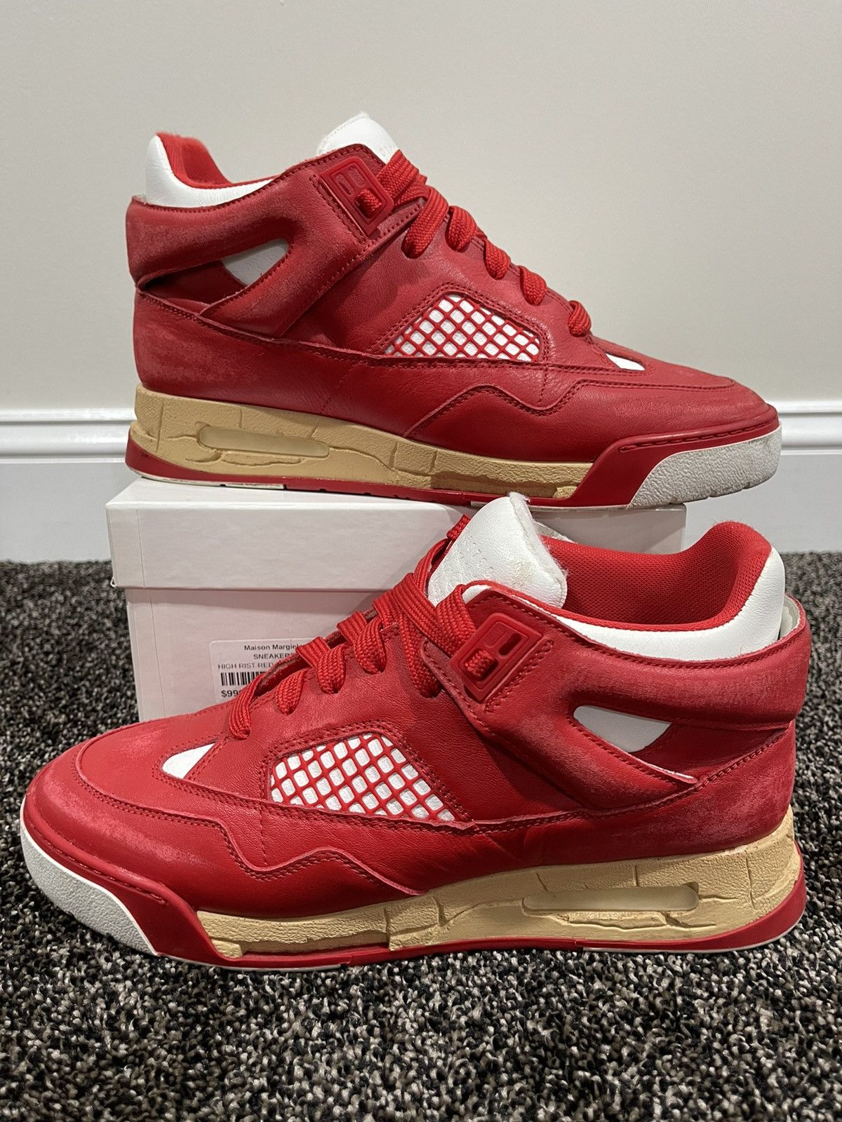 image of Maison Margiela Red Mesh Panel Lace Up Jordan 4 Sneakers, Men's (Size 9)